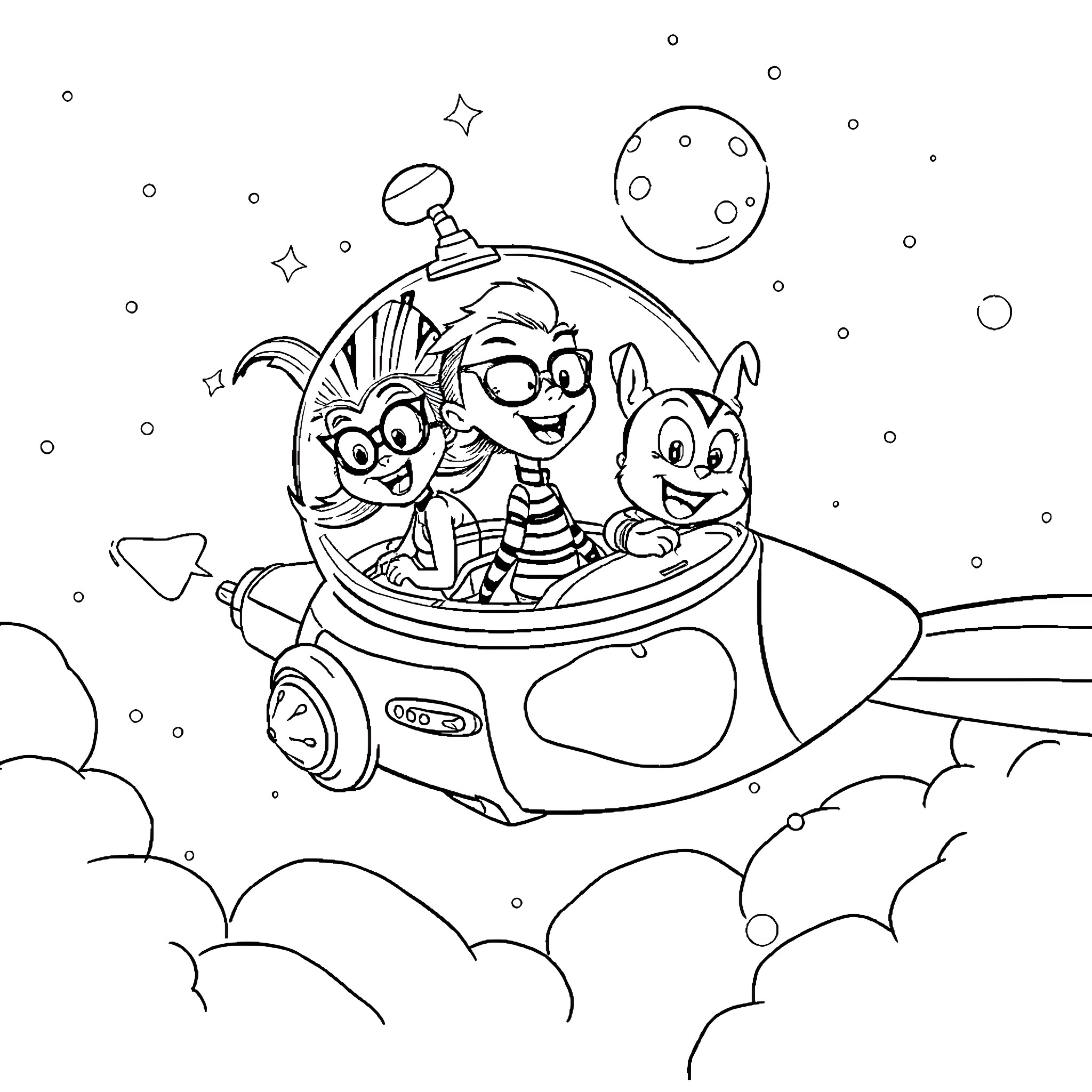 Bluey's Space Adventure with Friends Coloring Page (free black-and-white line drawing printable PDF for all, from beginners to advanced learners, including children, teens, adults, and seniors)