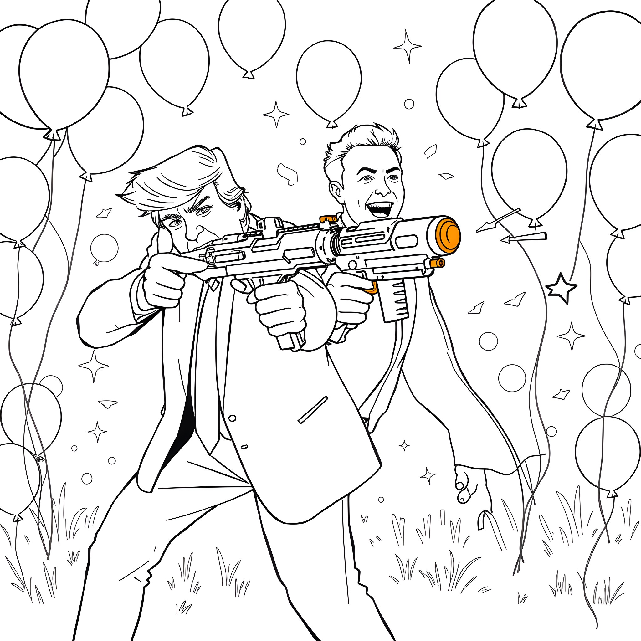 Donald Trump Firing Toy Blaster Amidst Colorful Balloons Coloring Page (free black-and-white line drawing printable PDF for all, from beginners to advanced learners, including children, teens, adults, and seniors)