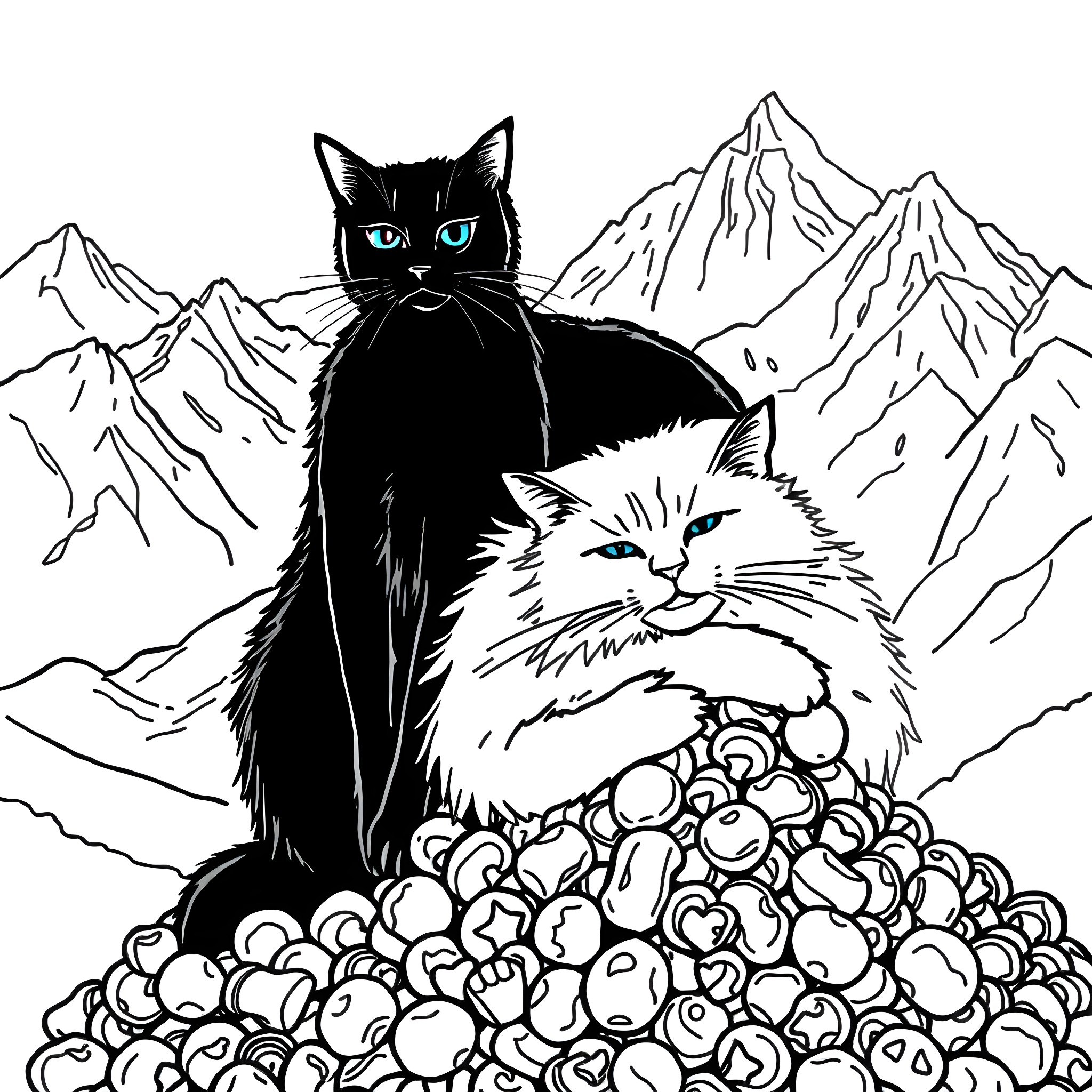 Cats on a Snowy Mountain Peak Coloring Page (free black-and-white line drawing printable PDF for all, from beginners to advanced learners, including children, teens, adults, and seniors)
