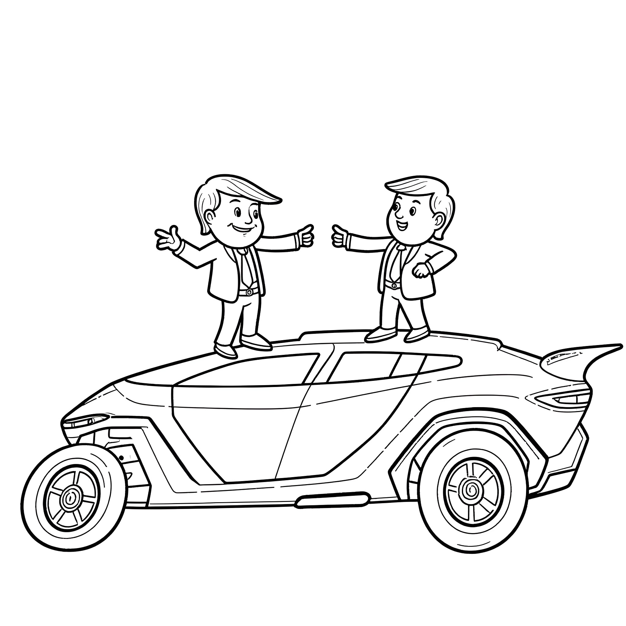Donald Trump and his associate argue next to a futuristic vehicle Coloring Page (free black-and-white line drawing printable PDF for all, from beginners to advanced learners, including children, teens, adults, and seniors)