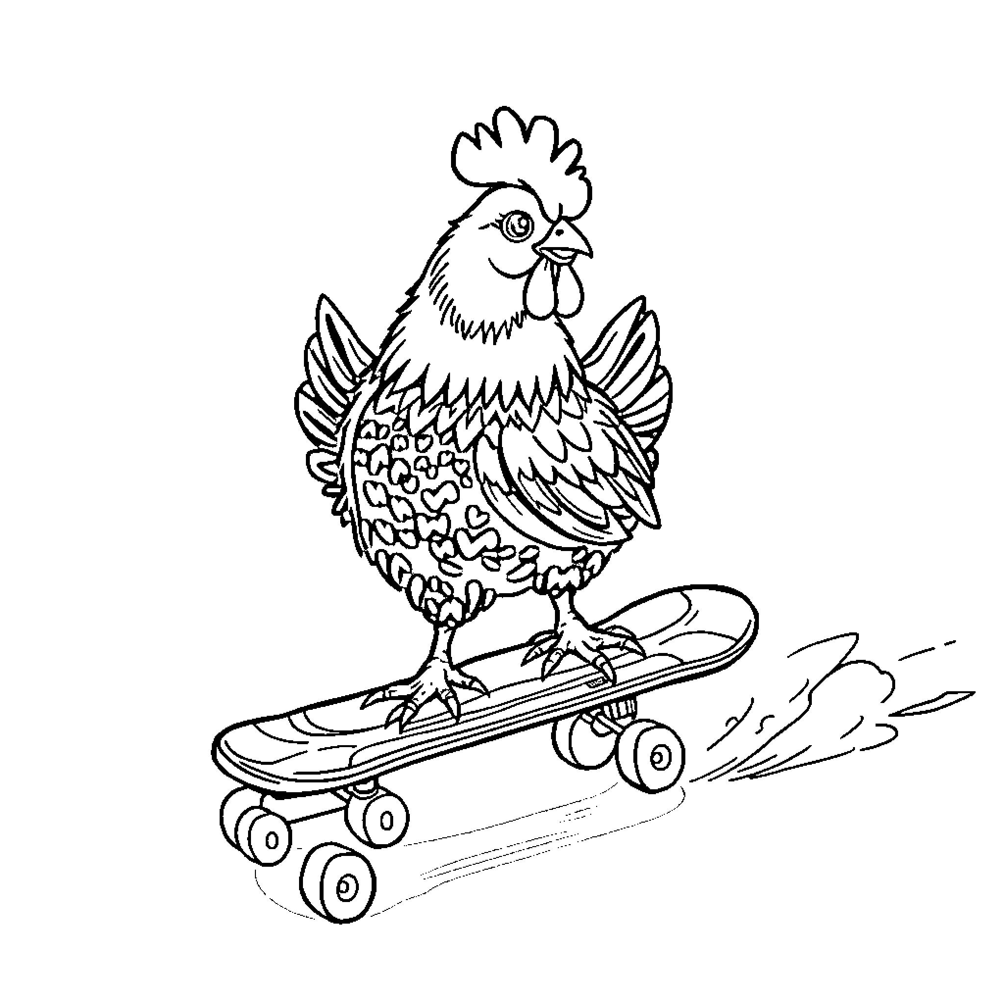 Chicken riding a skateboard with style Coloring Page (free black-and-white line drawing printable PDF for all, from beginners to advanced learners, including children, teens, adults, and seniors)