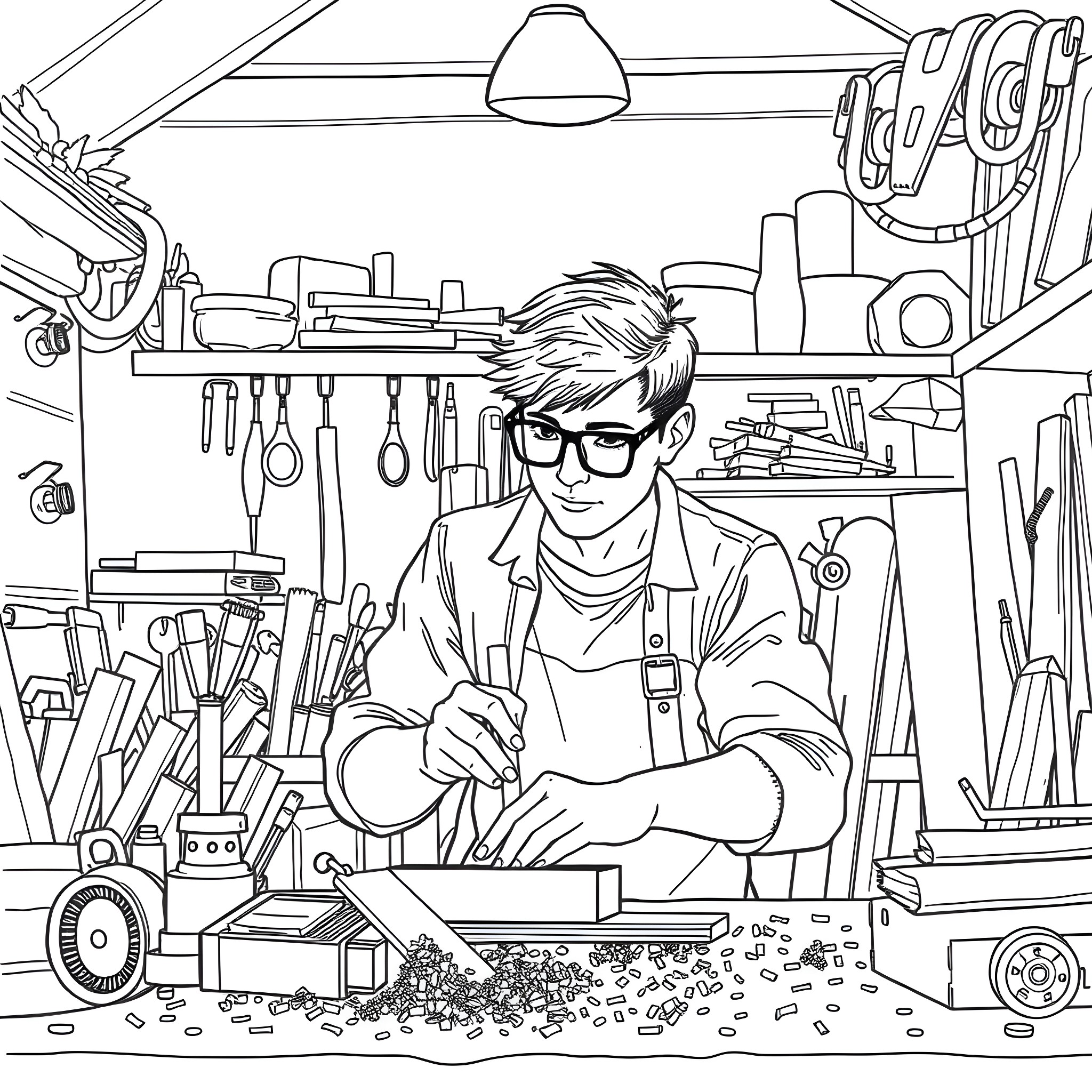 Guy working intently in his workshop Coloring Page (free black-and-white line drawing printable PDF for all, from beginners to advanced learners, including children, teens, adults, and seniors)