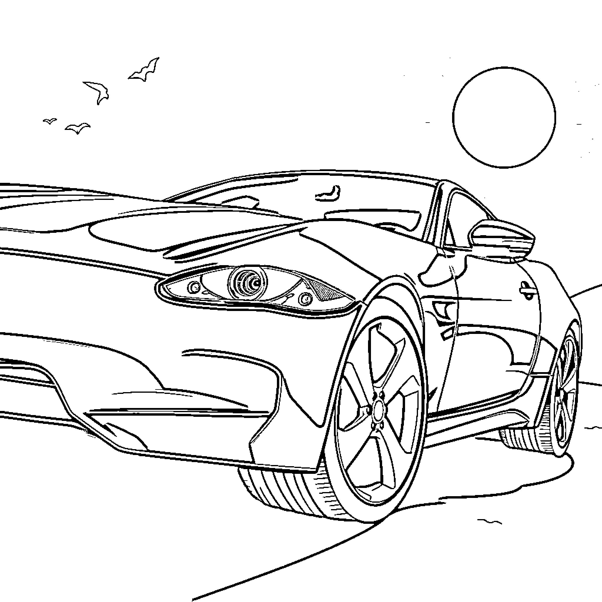 Jaguar sports car racing through the desert Coloring Page (free black-and-white line drawing printable PDF for all, from beginners to advanced learners, including children, teens, adults, and seniors)