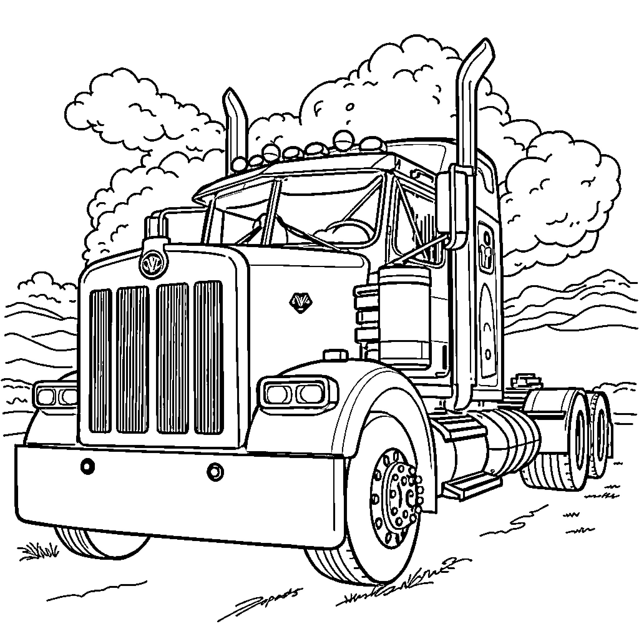 Kenworth semi-truck traversing rugged terrain Coloring Page (free black-and-white line drawing printable PDF for all, from beginners to advanced learners, including children, teens, adults, and seniors)