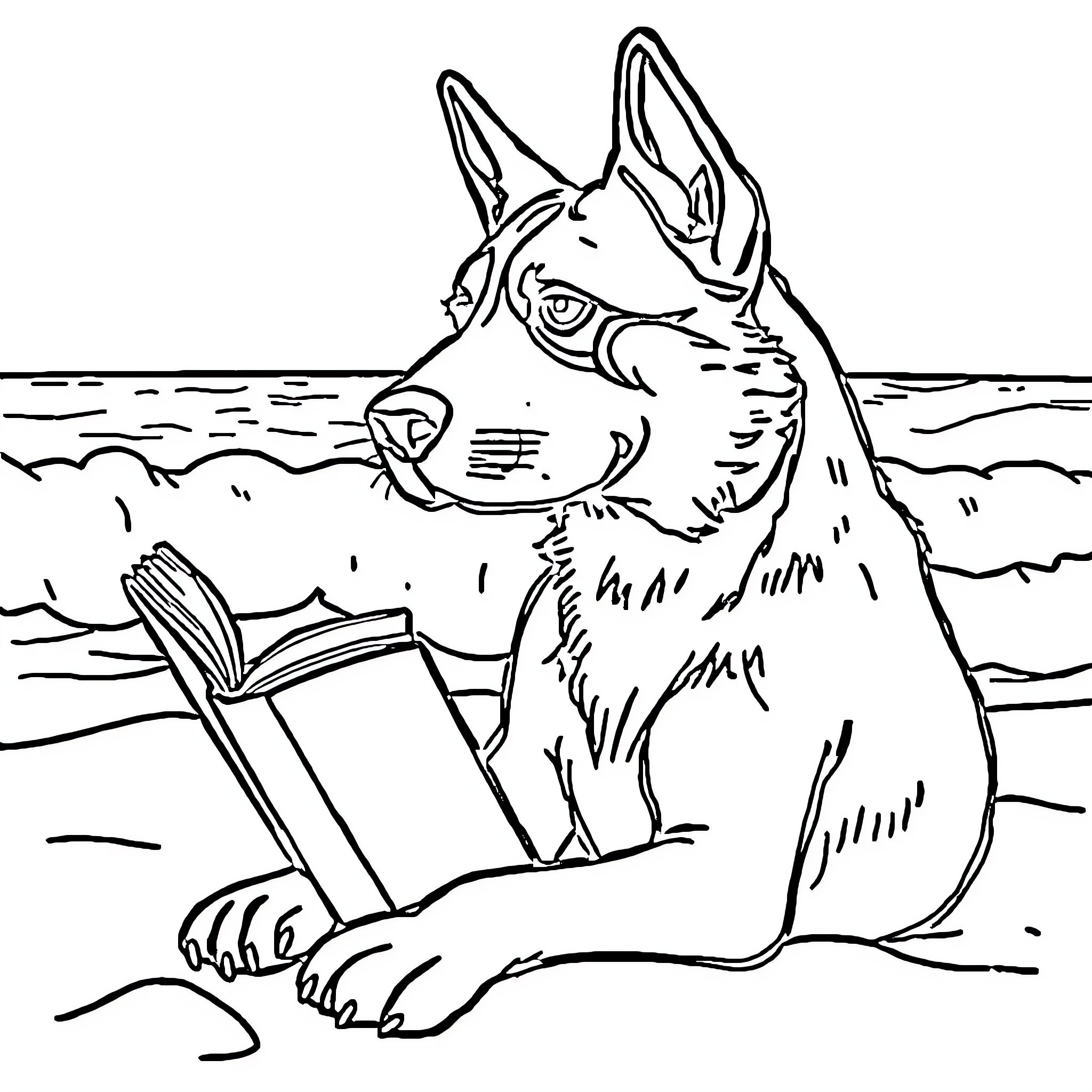 Perro reading book on the beach Coloring Page (free black-and-white line drawing printable PDF for all, from beginners to advanced learners, including children, teens, adults, and seniors)