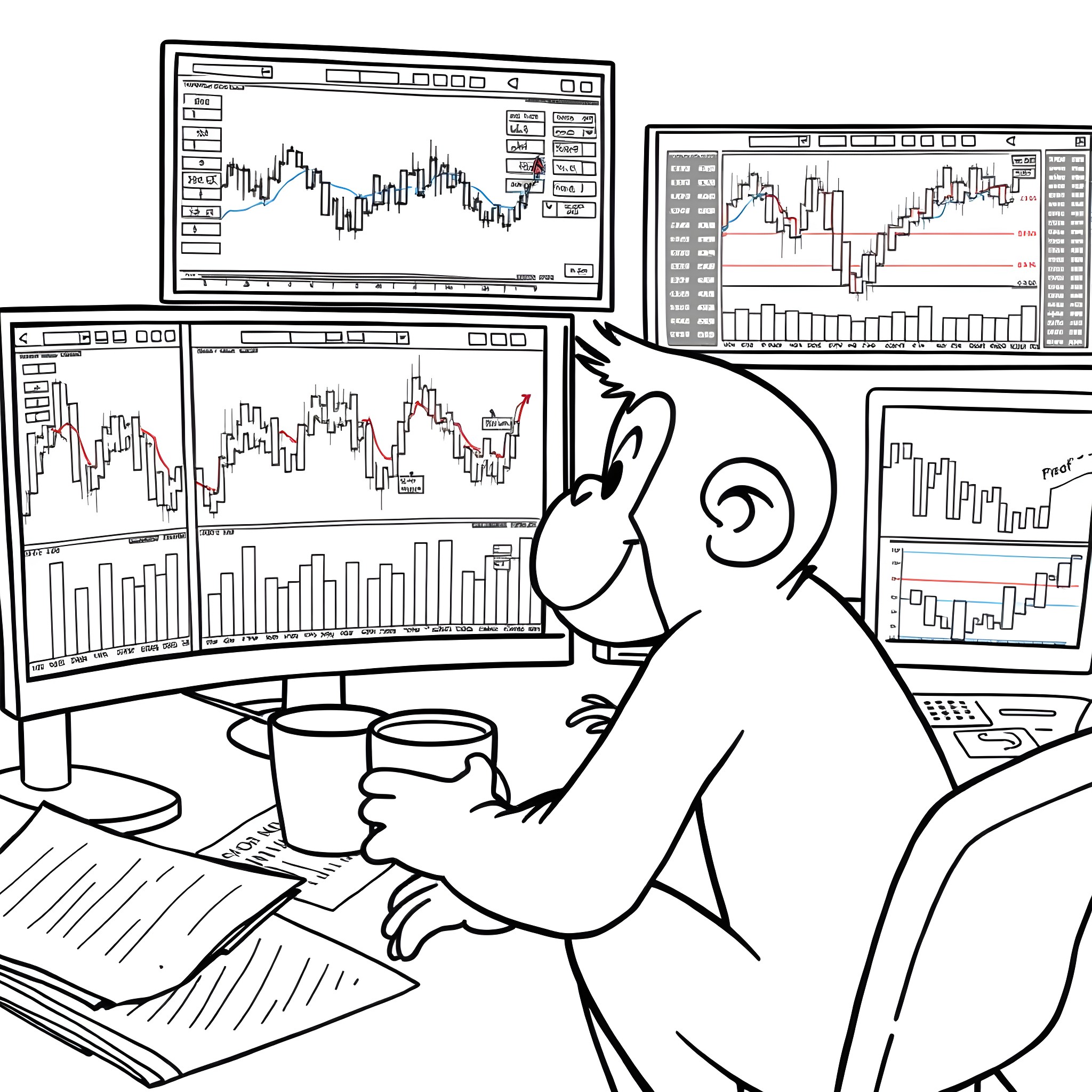 Curious George Monitoring Financial Markets on Multiple Screens Coloring Page (free black-and-white line drawing printable PDF for all, from beginners to advanced learners, including children, teens, adults, and seniors)