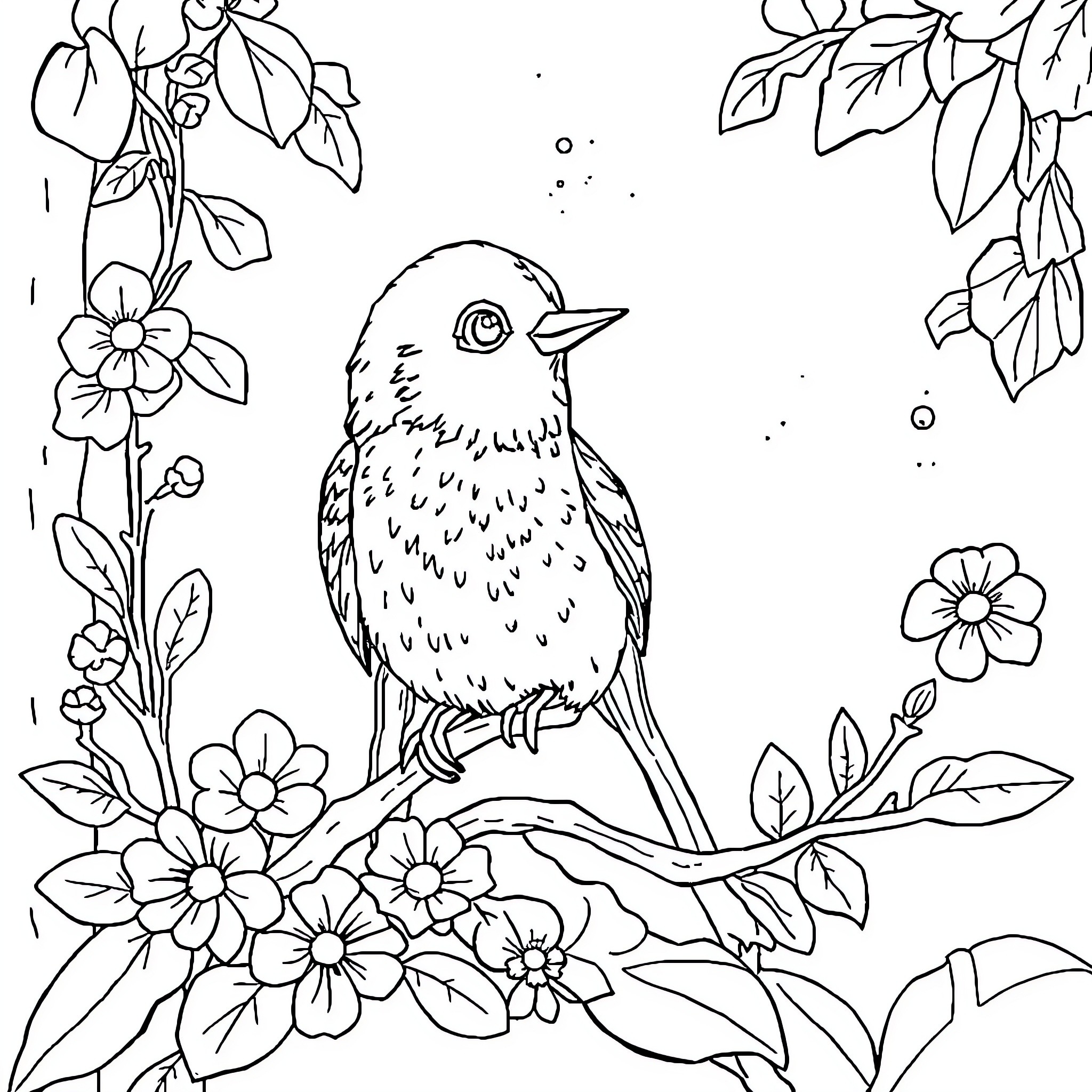 Cățel-ul curios printre florile colorate Coloring Page (free black-and-white line drawing printable PDF for all, from beginners to advanced learners, including children, teens, adults, and seniors)