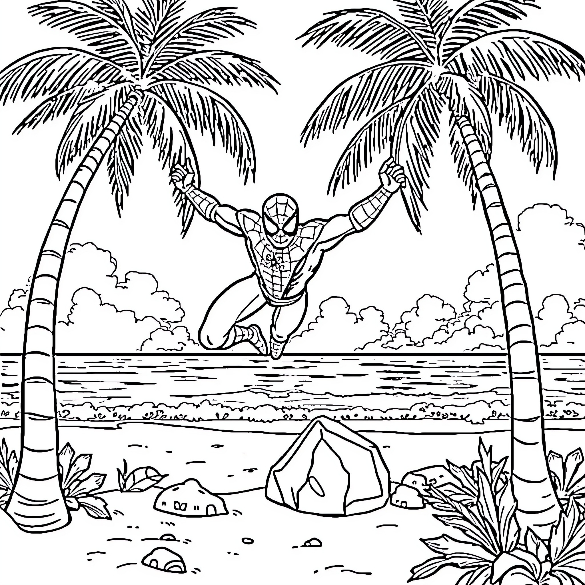 Spiderman swinging through the tropical beach Coloring Page (free black-and-white line drawing printable PDF for all, from beginners to advanced learners, including children, teens, adults, and seniors)