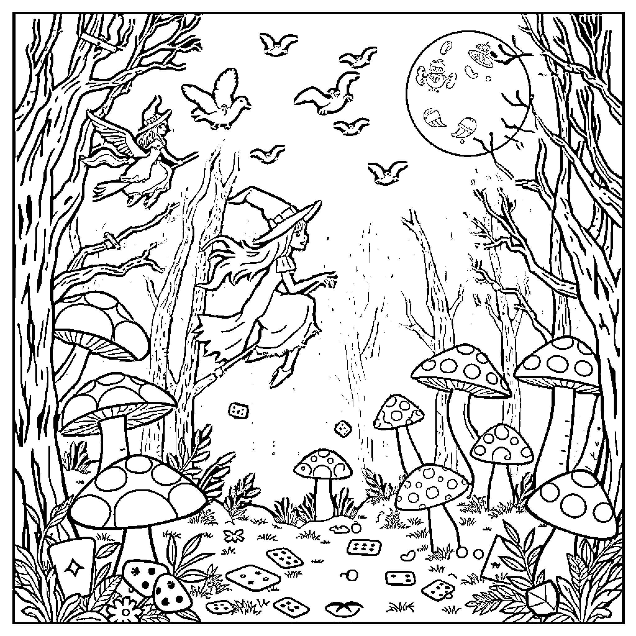 Halloween scene with fairies and mushrooms in the forest Coloring Page (free black-and-white line drawing printable PDF for all, from beginners to advanced learners, including children, teens, adults, and seniors)