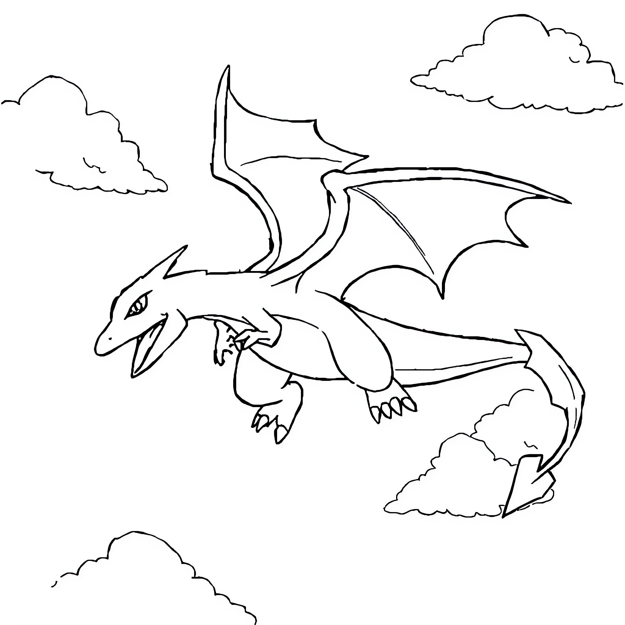 Charizard soaring through the cloudy sky Coloring Page (free black-and-white line drawing printable PDF for all, from beginners to advanced learners, including children, teens, adults, and seniors)