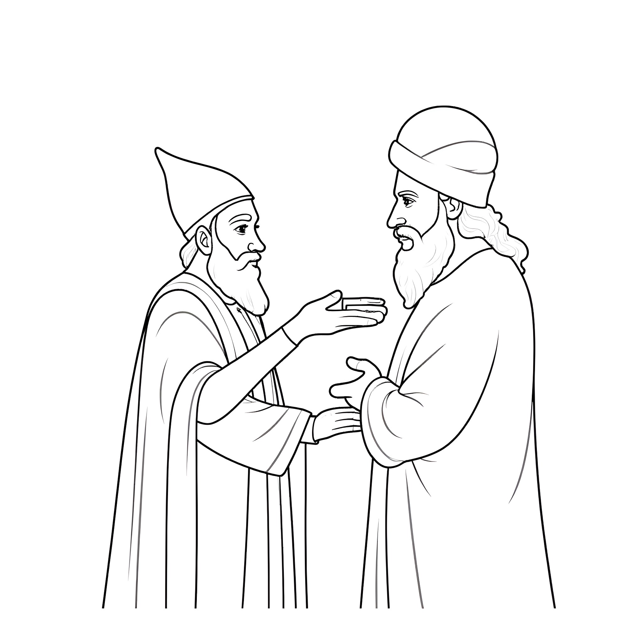 Mordechai and Haman in Conversation Coloring Page (free black-and-white line drawing printable PDF for all, from beginners to advanced learners, including children, teens, adults, and seniors)