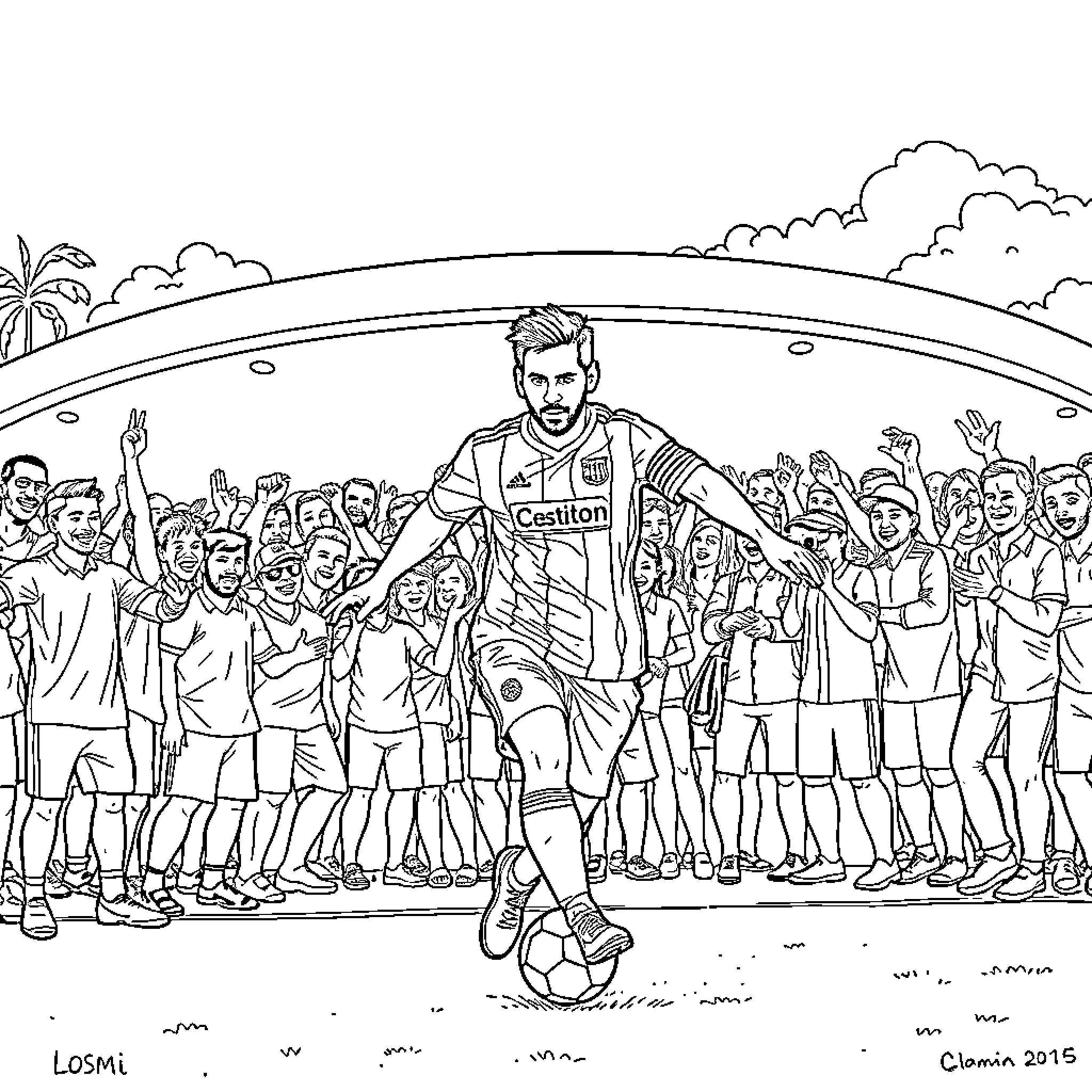 Messi celebrating with fans on the soccer field Coloring Page (free black-and-white line drawing printable PDF for all, from beginners to advanced learners, including children, teens, adults, and seniors)