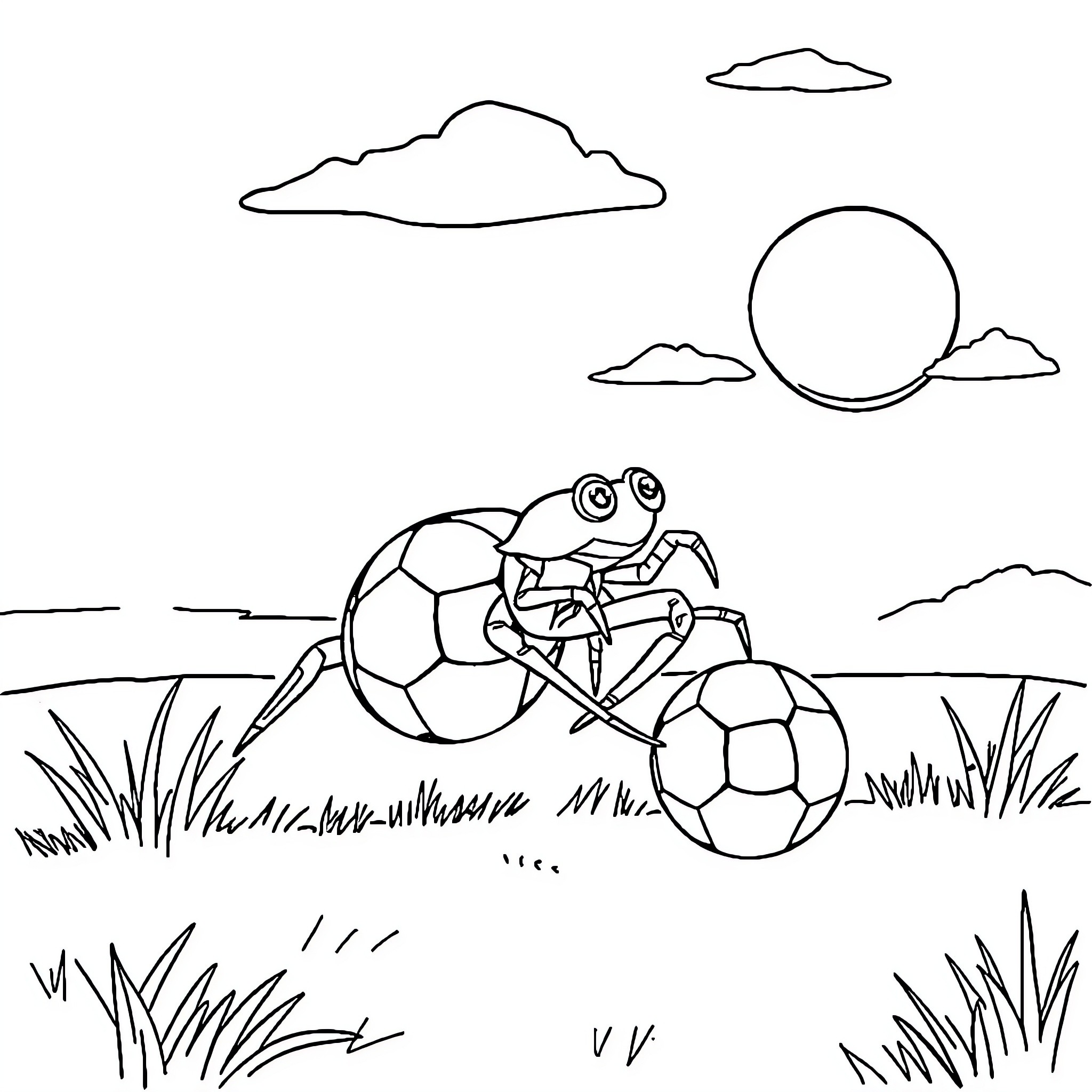 Spider playing with soccer balls in the park Coloring Page (free black-and-white line drawing printable PDF for all, from beginners to advanced learners, including children, teens, adults, and seniors)