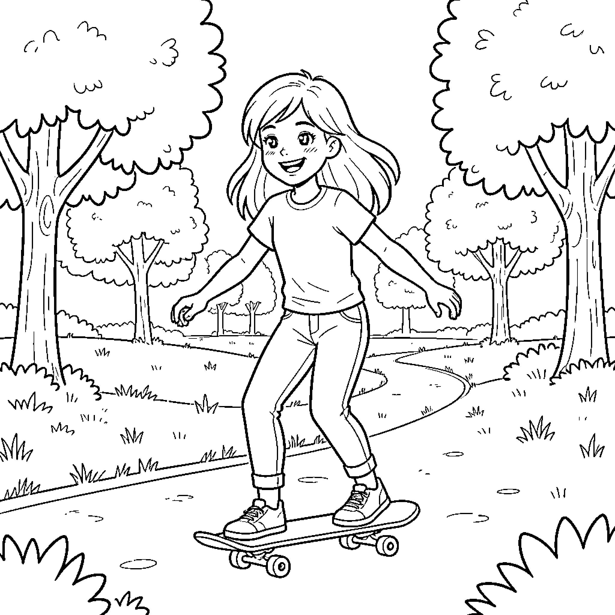Girl enjoying a skateboard ride in the park Coloring Page (free black-and-white line drawing printable PDF for all, from beginners to advanced learners, including children, teens, adults, and seniors)
