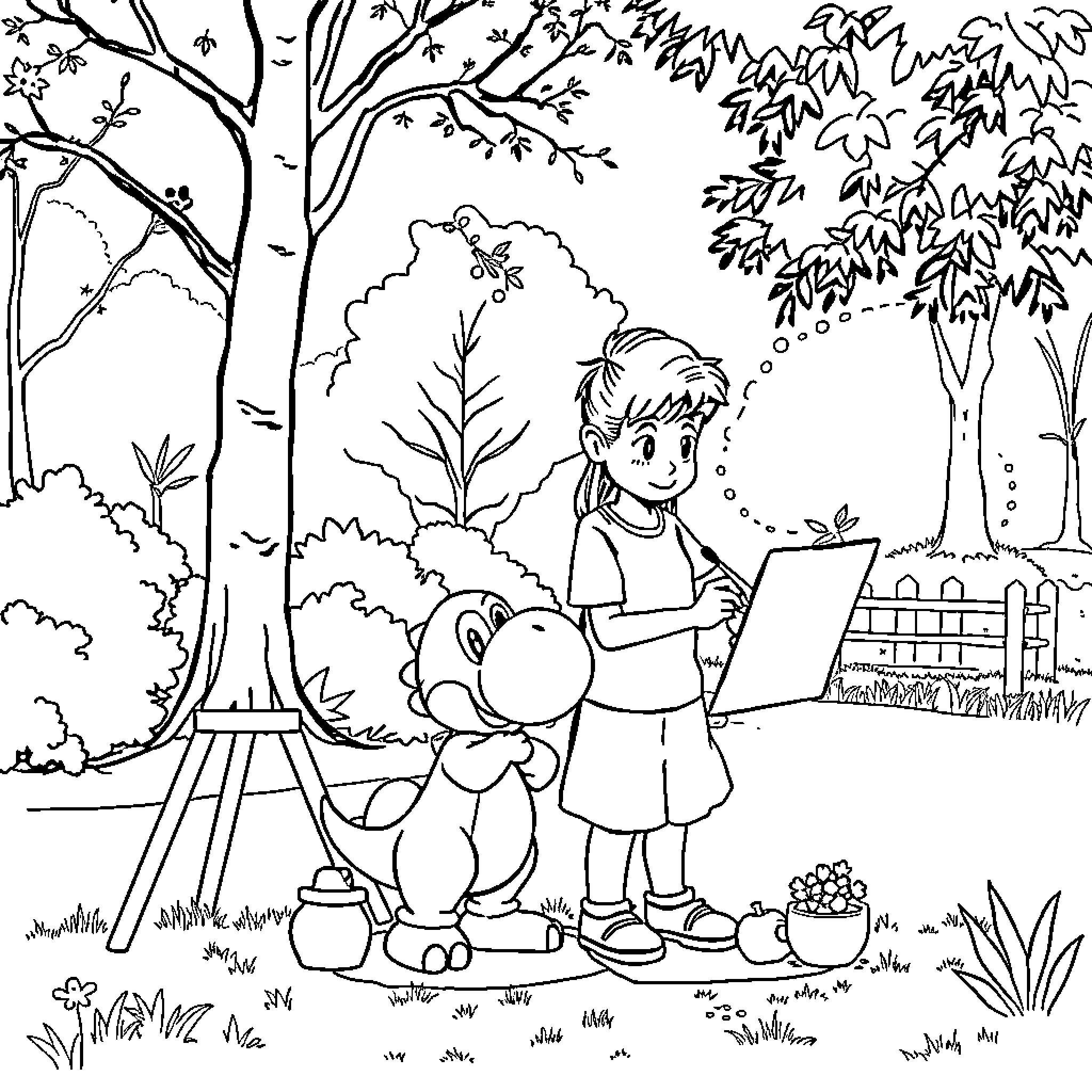 Couple enjoying nature with laptop and pet Coloring Page (free black-and-white line drawing printable PDF for all, from beginners to advanced learners, including children, teens, adults, and seniors)