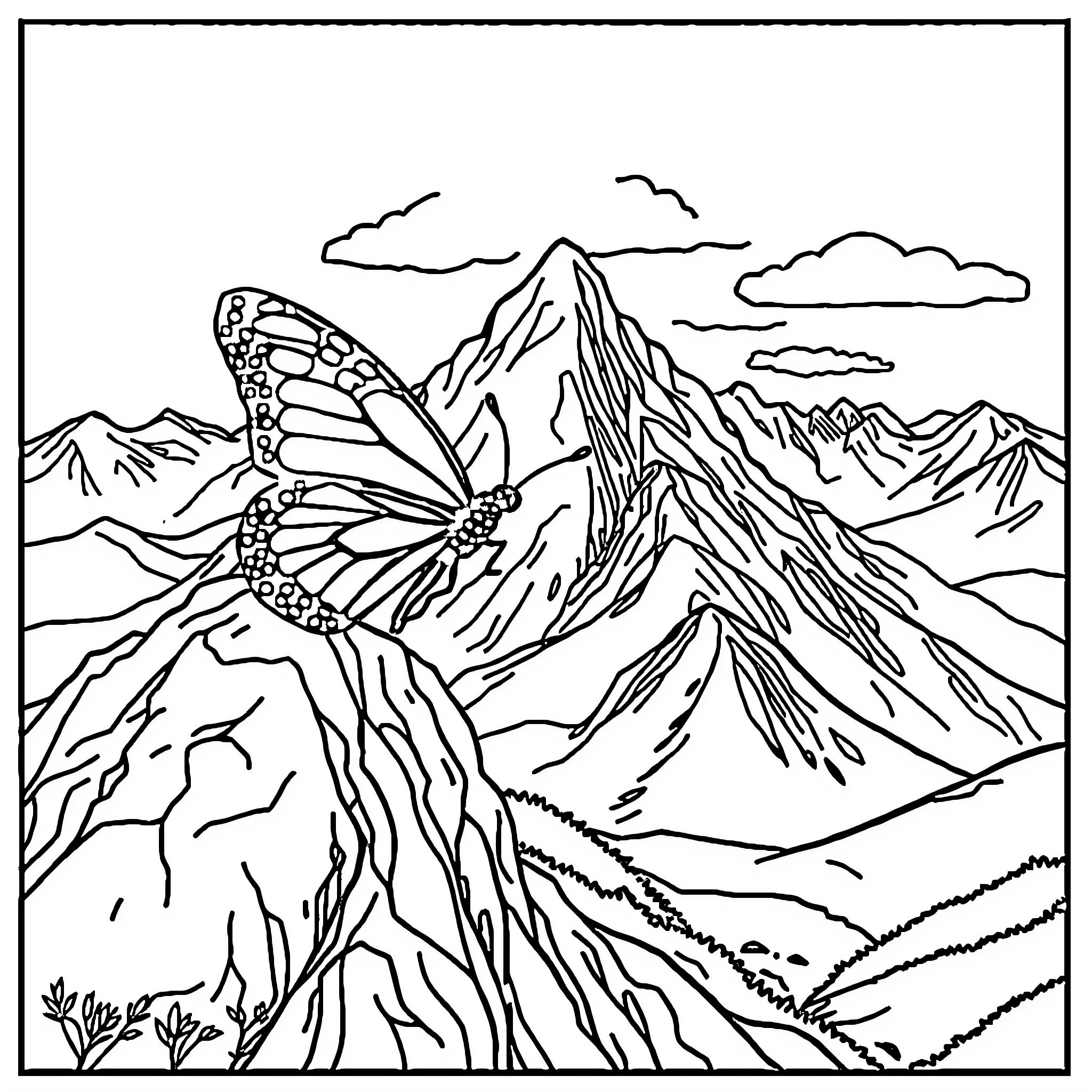 Butterfly soaring over majestic mountain peaks Coloring Page (free black-and-white line drawing printable PDF for all, from beginners to advanced learners, including children, teens, adults, and seniors)