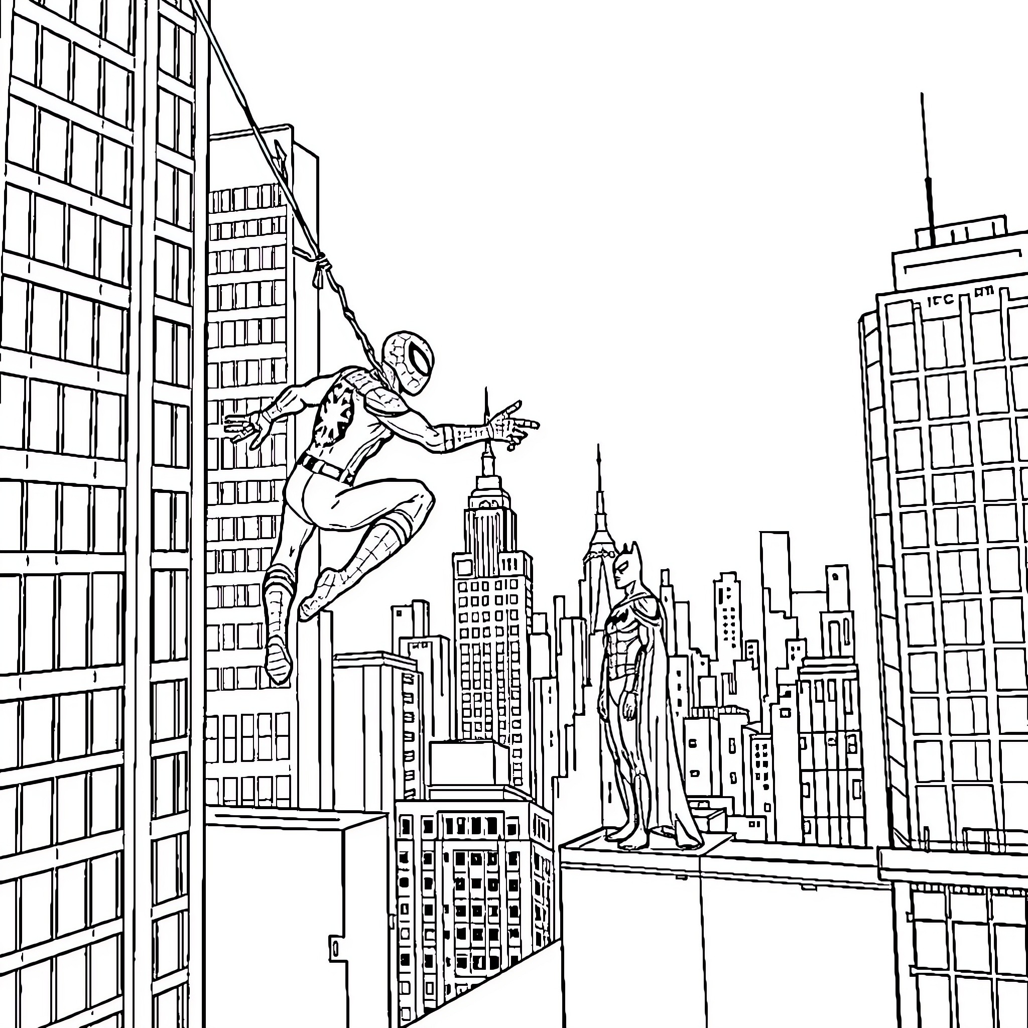 Spiderman swinging through the city skyscrapers Coloring Page (free black-and-white line drawing printable PDF for all, from beginners to advanced learners, including children, teens, adults, and seniors)