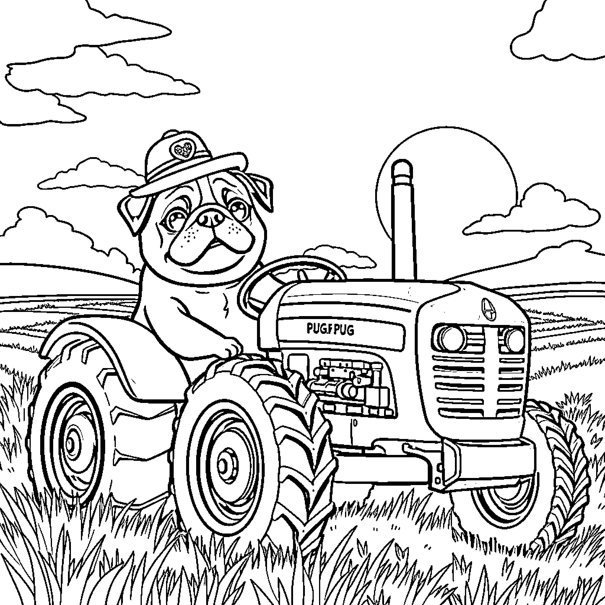 Pug driving a tractor in a rural landscape Coloring Page (free black-and-white line drawing printable PDF for all, from beginners to advanced learners, including children, teens, adults, and seniors)