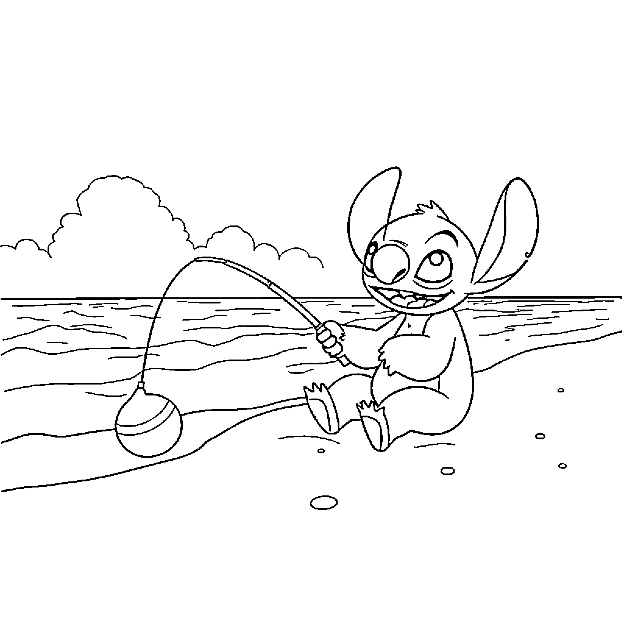 Stitch enjoys a day of fishing on the beach Coloring Page (free black-and-white line drawing printable PDF for all, from beginners to advanced learners, including children, teens, adults, and seniors)
