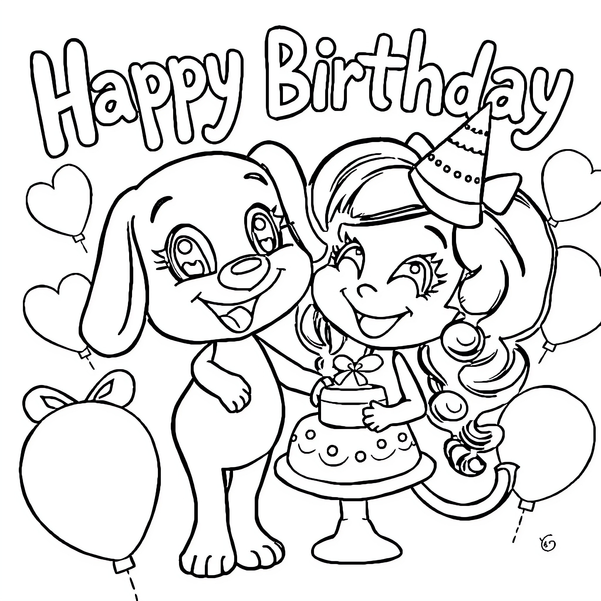 Bluey's Happy Birthday Celebration Coloring Page (free black-and-white line drawing printable PDF for all, from beginners to advanced learners, including children, teens, adults, and seniors)