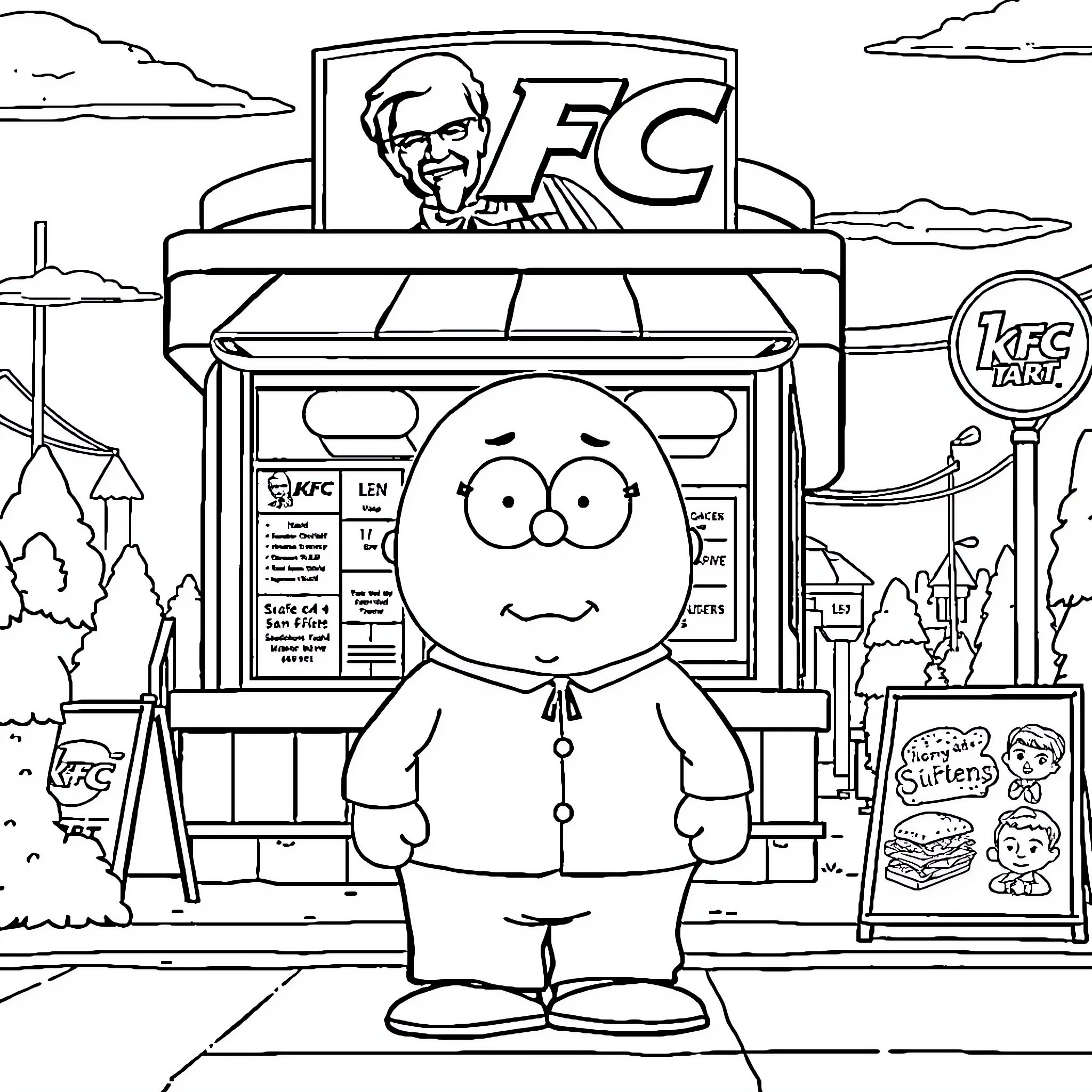 Cartman visits the KFC restaurant Coloring Page (free black-and-white line drawing printable PDF for all, from beginners to advanced learners, including children, teens, adults, and seniors)
