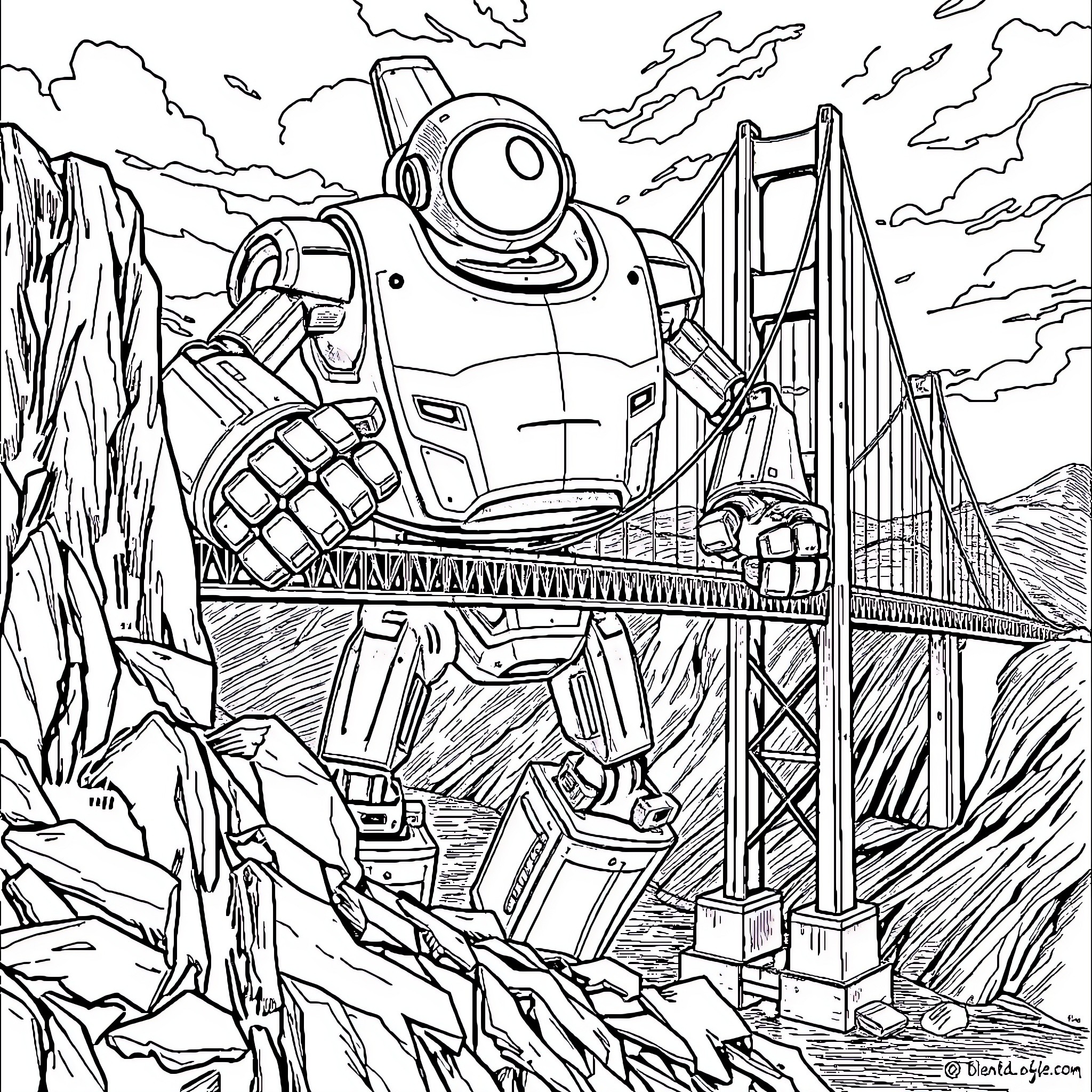 Robot exploring rugged terrain near suspension bridge Coloring Page (free black-and-white line drawing printable PDF for all, from beginners to advanced learners, including children, teens, adults, and seniors)