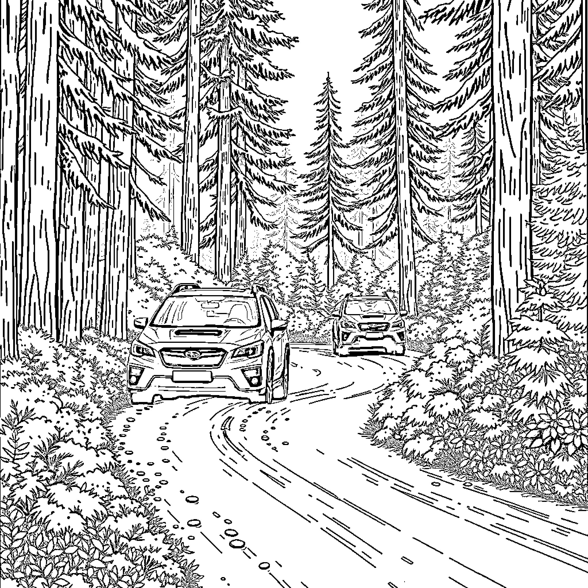 Subaru vehicles navigating winding forest road Coloring Page (free black-and-white line drawing printable PDF for all, from beginners to advanced learners, including children, teens, adults, and seniors)