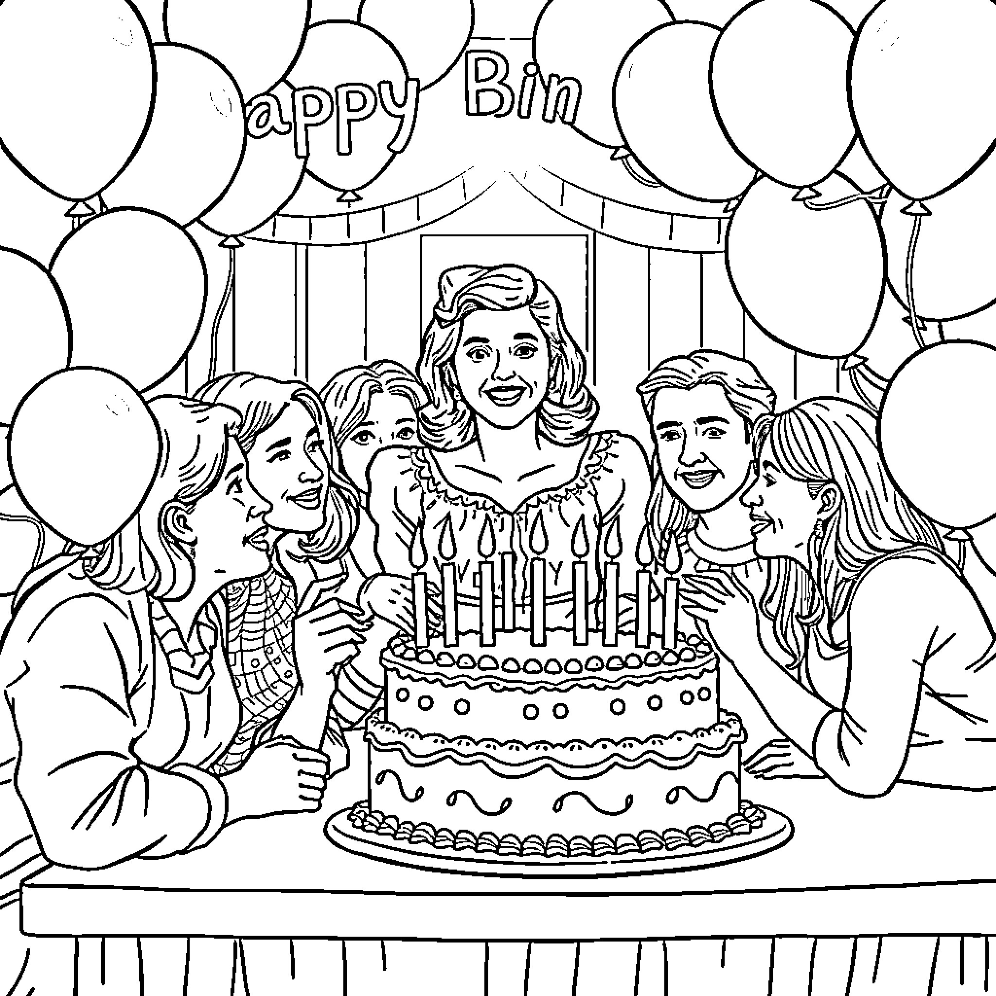 Ann Putnam's Birthday Celebration with Friends Coloring Page (free black-and-white line drawing printable PDF for all, from beginners to advanced learners, including children, teens, adults, and seniors)