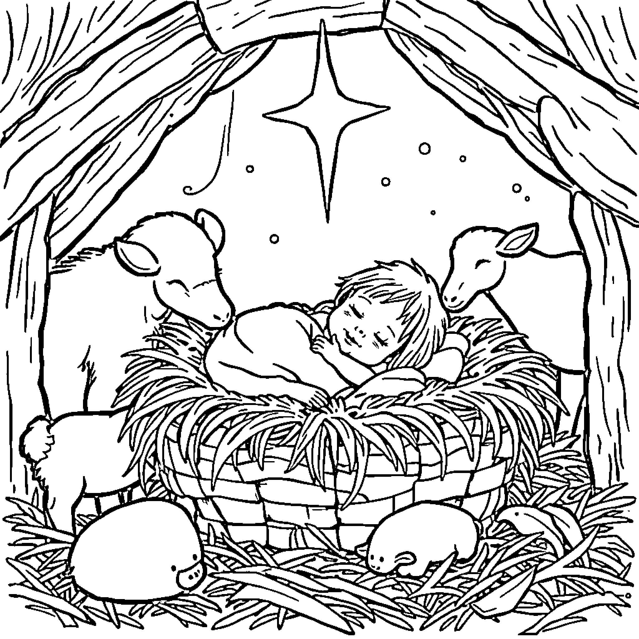 Jesus Christ's nativity scene with animals and a baby Coloring Page (free black-and-white line drawing printable PDF for all, from beginners to advanced learners, including children, teens, adults, and seniors)