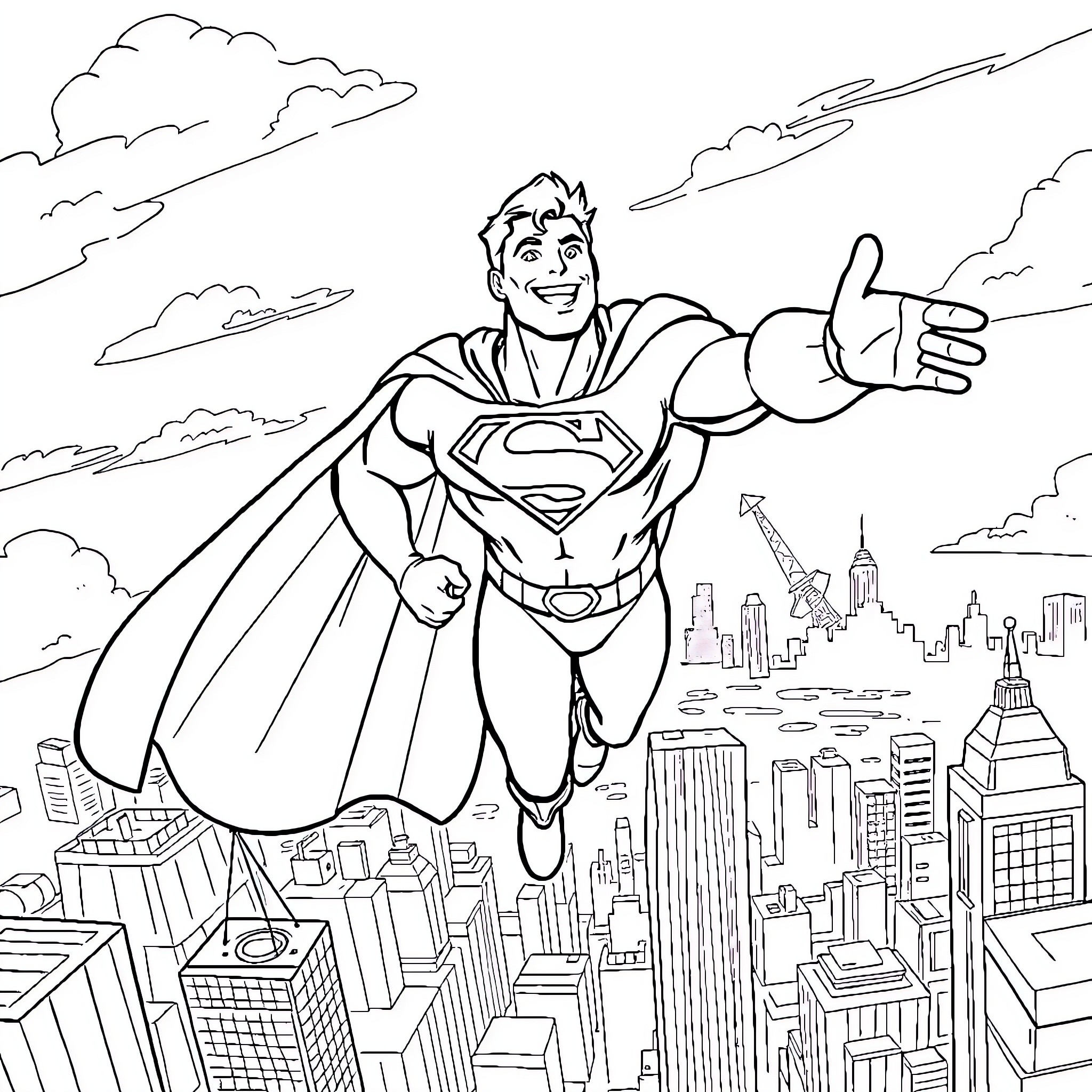 Superman soaring over the city skyline Coloring Page (free black-and-white line drawing printable PDF for all, from beginners to advanced learners, including children, teens, adults, and seniors)