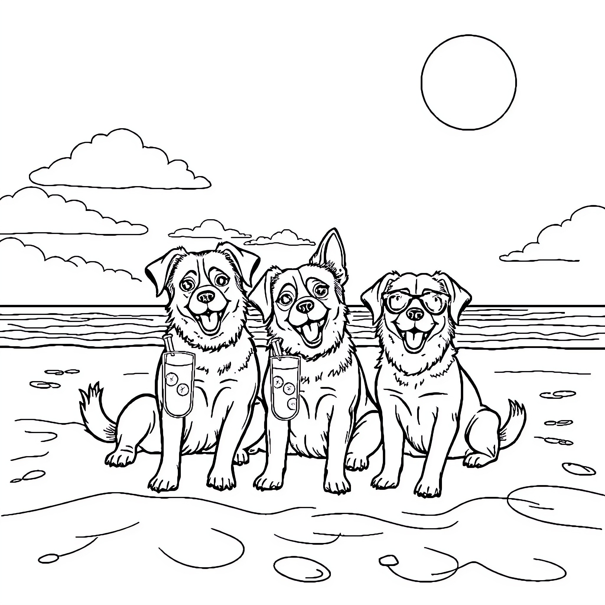 Dog friends enjoying a sunny day at the beach Coloring Page (free black-and-white line drawing printable PDF for all, from beginners to advanced learners, including children, teens, adults, and seniors)