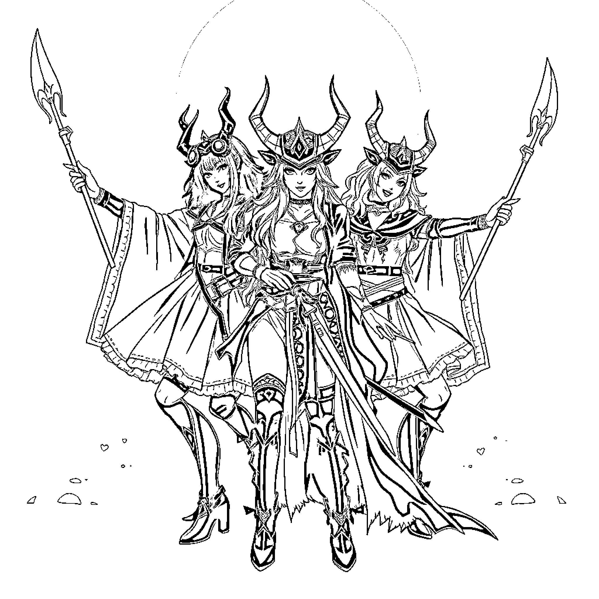 Demon Hunter Warriors in Fierce Battle Pose Coloring Page (free black-and-white line drawing printable PDF for all, from beginners to advanced learners, including children, teens, adults, and seniors)