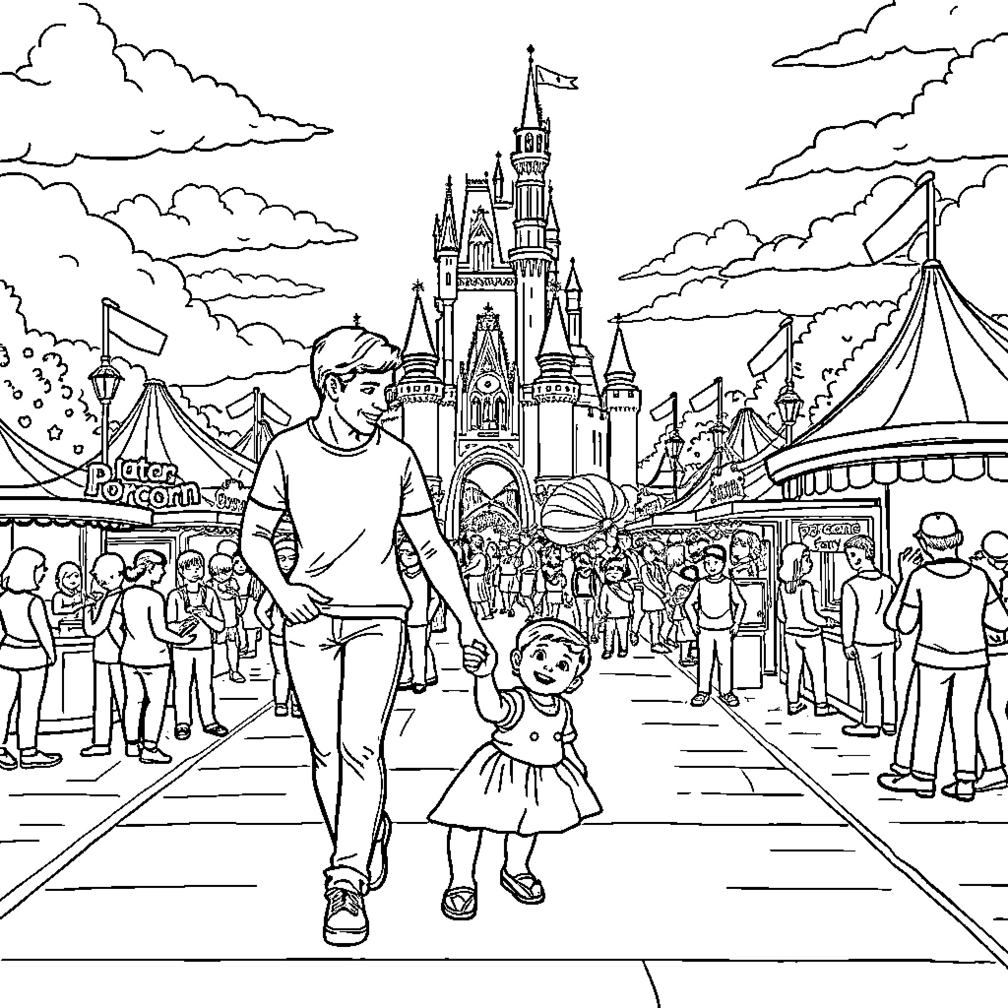 Parent and child exploring enchanting theme park Coloring Page (free black-and-white line drawing printable PDF for all, from beginners to advanced learners, including children, teens, adults, and seniors)