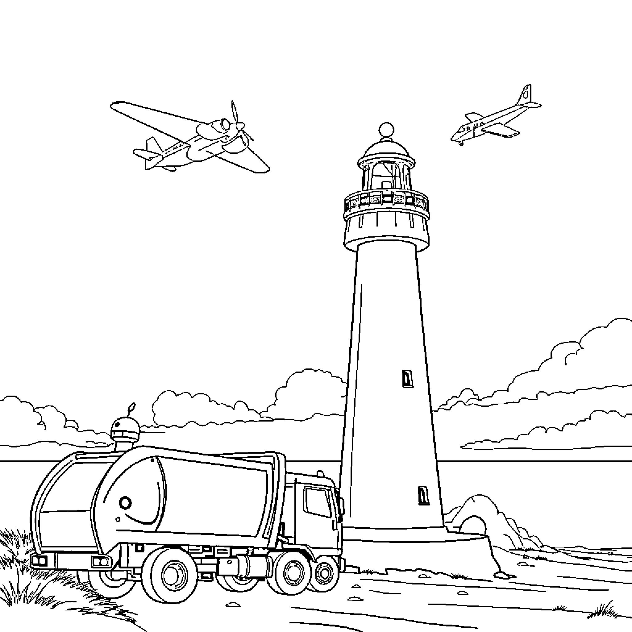 Lighthouse with aircraft and truck Coloring Page (free black-and-white line drawing printable PDF for all, from beginners to advanced learners, including children, teens, adults, and seniors)
