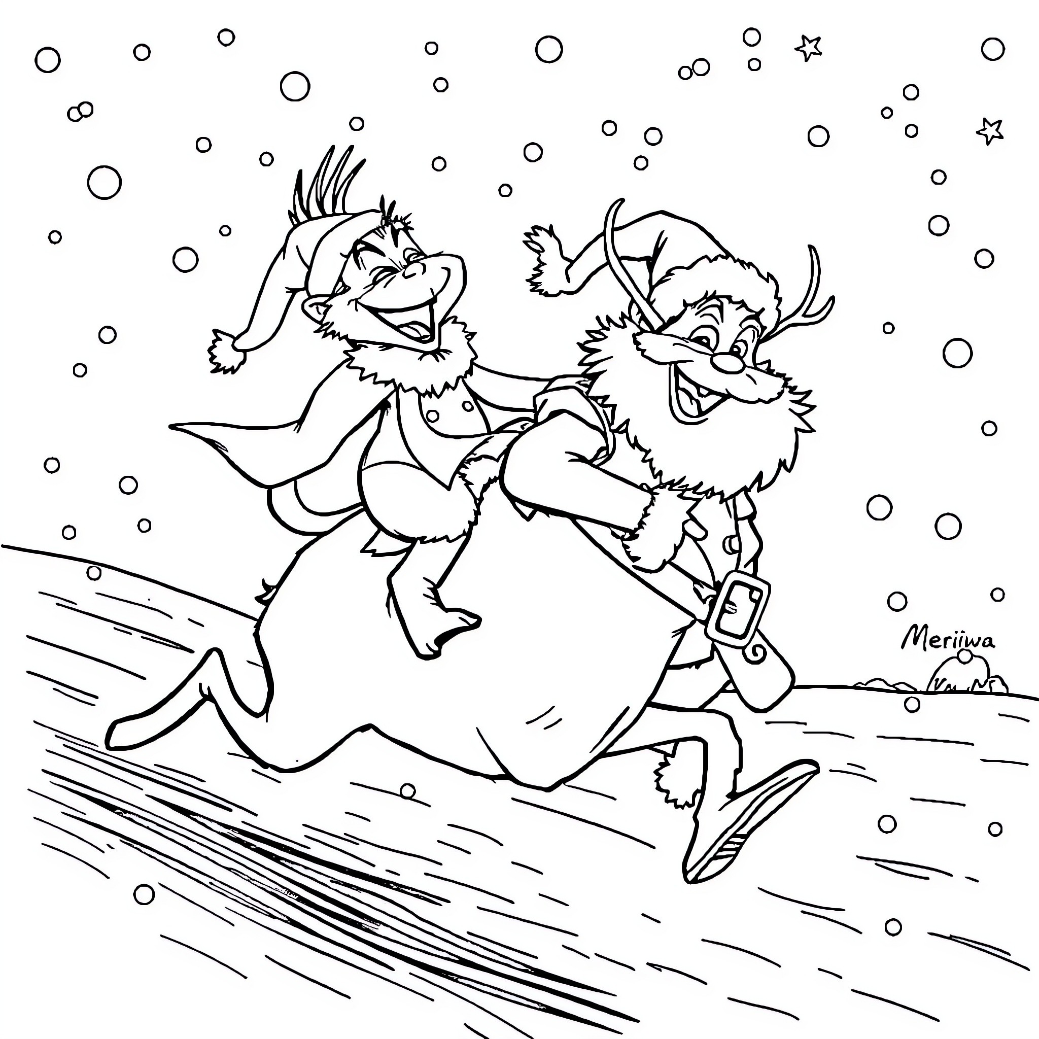 Grinch sliding down a snowy hill with a friend Coloring Page (free black-and-white line drawing printable PDF for all, from beginners to advanced learners, including children, teens, adults, and seniors)