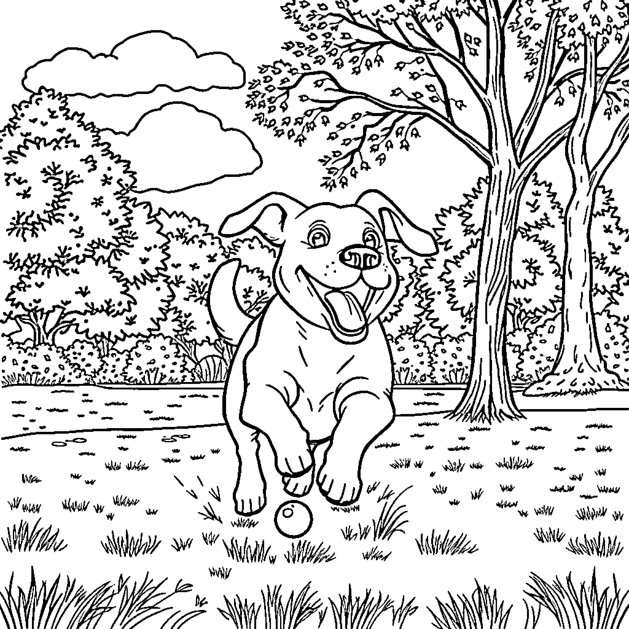 Dog playing joyfully in a lush outdoor scene Coloring Page (free black-and-white line drawing printable PDF for all, from beginners to advanced learners, including children, teens, adults, and seniors)