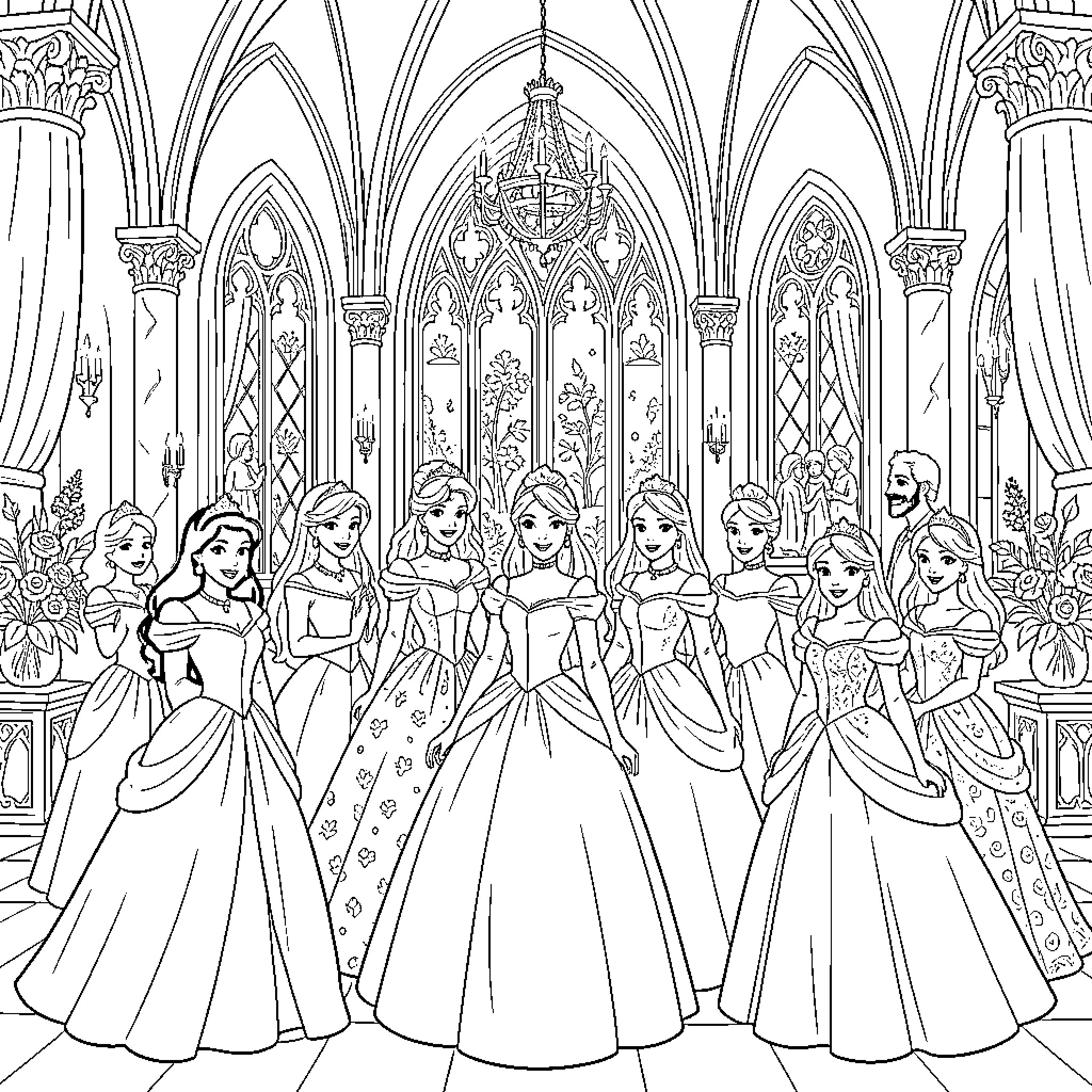 Princesses gathered in a grand ballroom for a celebration Coloring Page (free black-and-white line drawing printable PDF for all, from beginners to advanced learners, including children, teens, adults, and seniors)