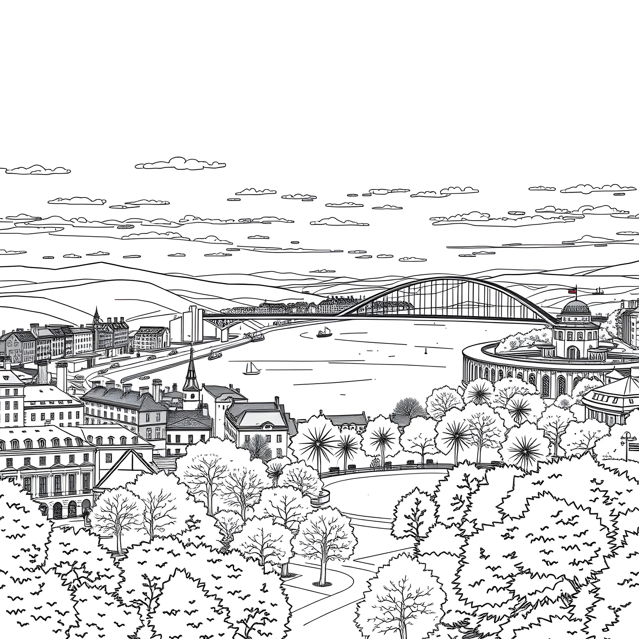 Dundee cityscape with scenic bridge and trees Coloring Page (free black-and-white line drawing printable PDF for all, from beginners to advanced learners, including children, teens, adults, and seniors)
