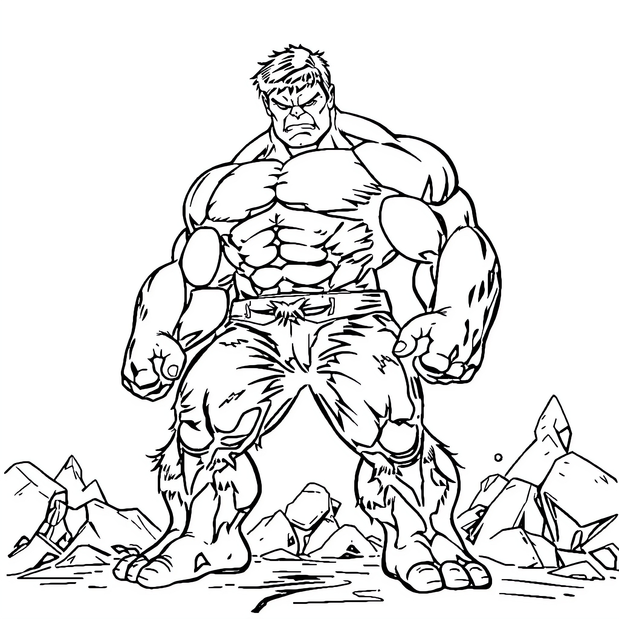 Hulk unleashing his mighty strength in the wilderness Coloring Page (free black-and-white line drawing printable PDF for all, from beginners to advanced learners, including children, teens, adults, and seniors)