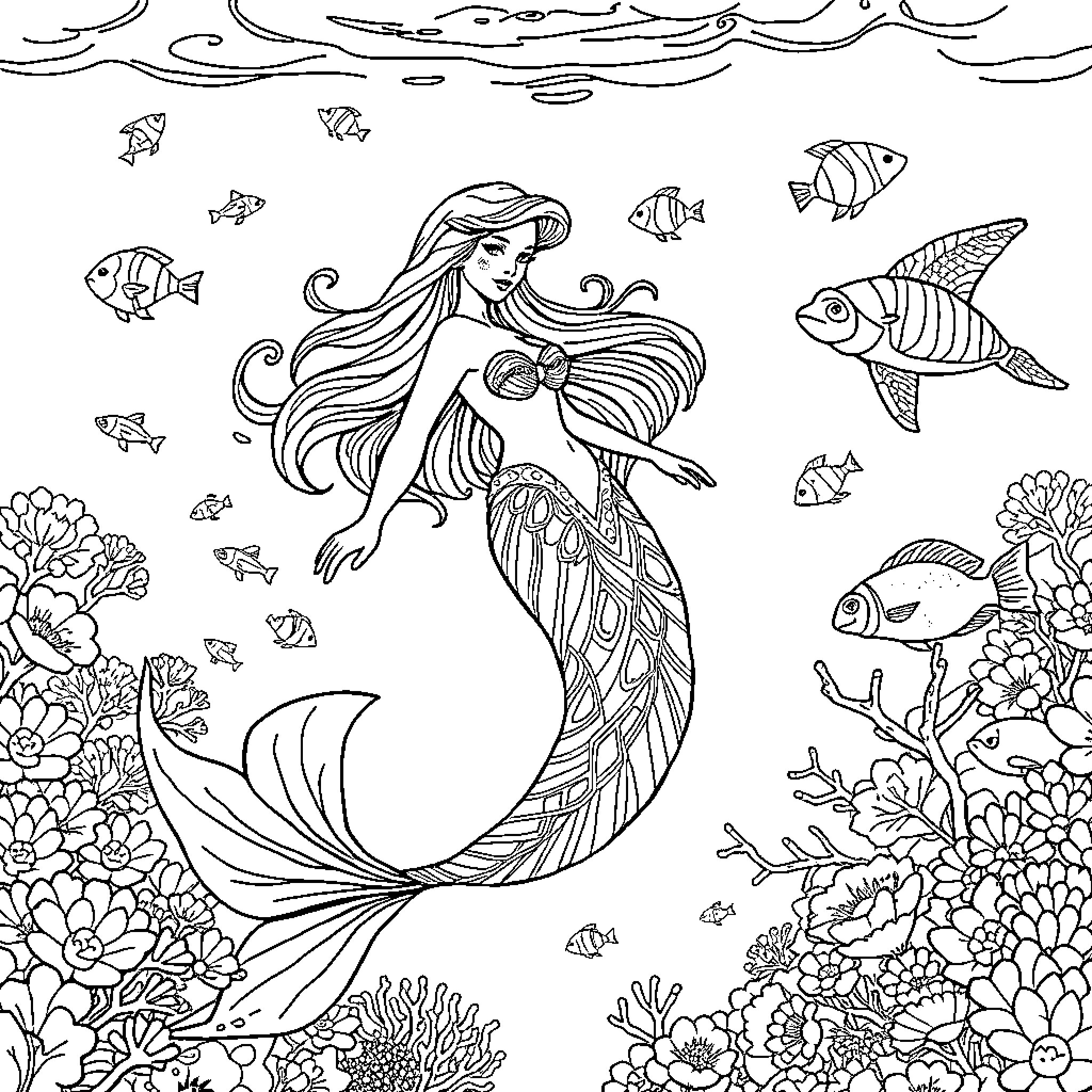 Mermaid swimming gracefully among marine life Coloring Page (free black-and-white line drawing printable PDF for all, from beginners to advanced learners, including children, teens, adults, and seniors)