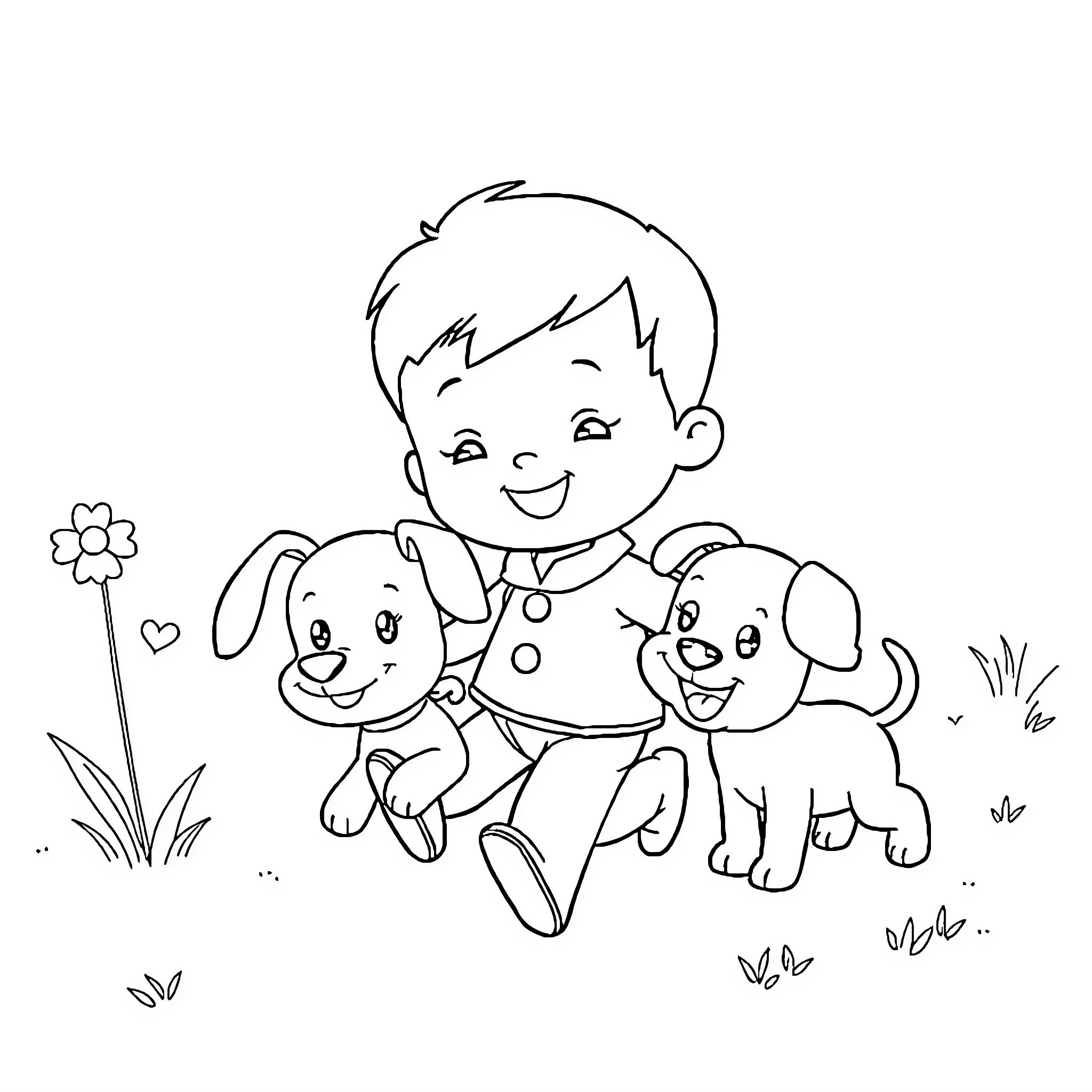 Pocoyo and his puppy friends playing happily Coloring Page (free black-and-white line drawing printable PDF for all, from beginners to advanced learners, including children, teens, adults, and seniors)