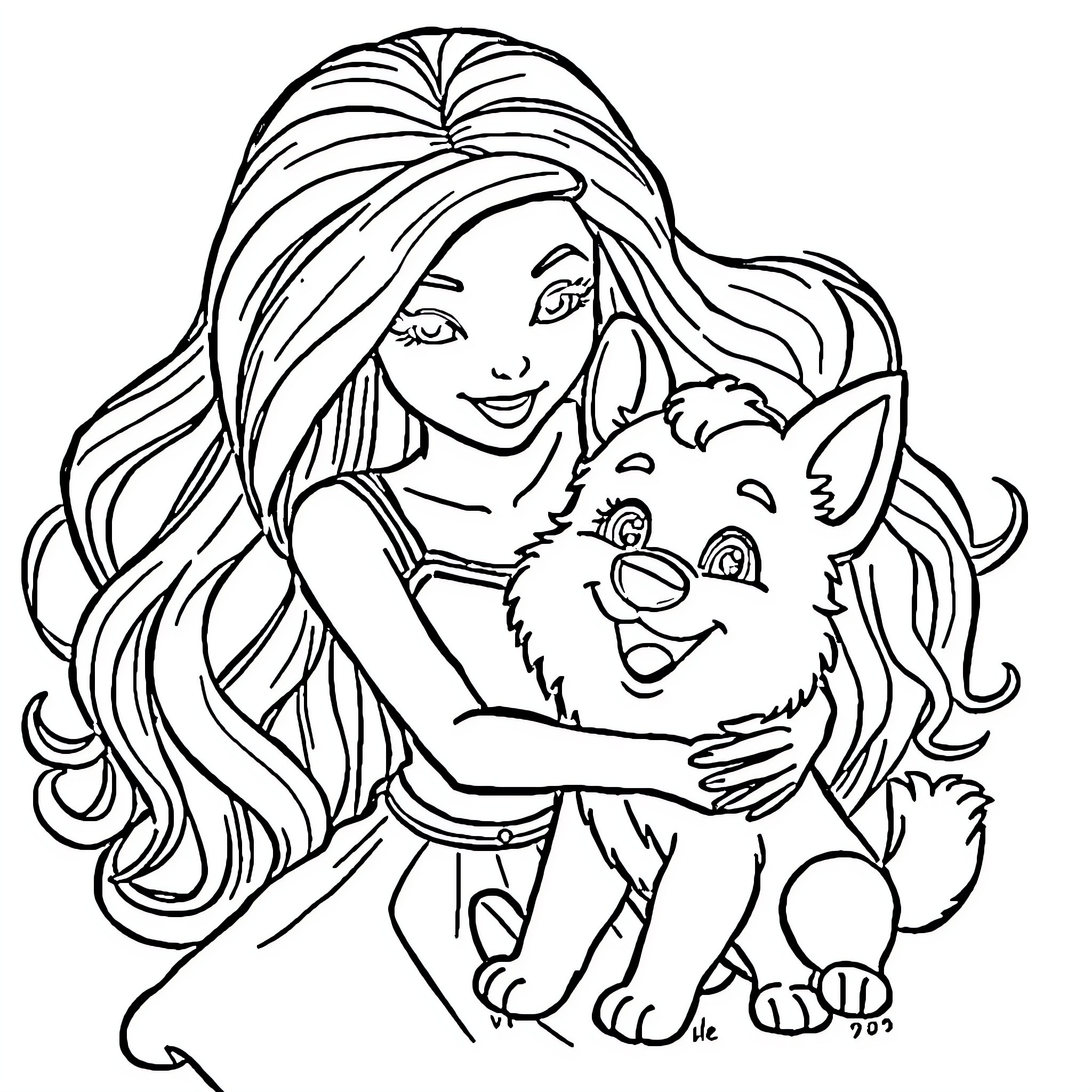 Barbie happily holding her pet dog Coloring Page (free black-and-white line drawing printable PDF for all, from beginners to advanced learners, including children, teens, adults, and seniors)