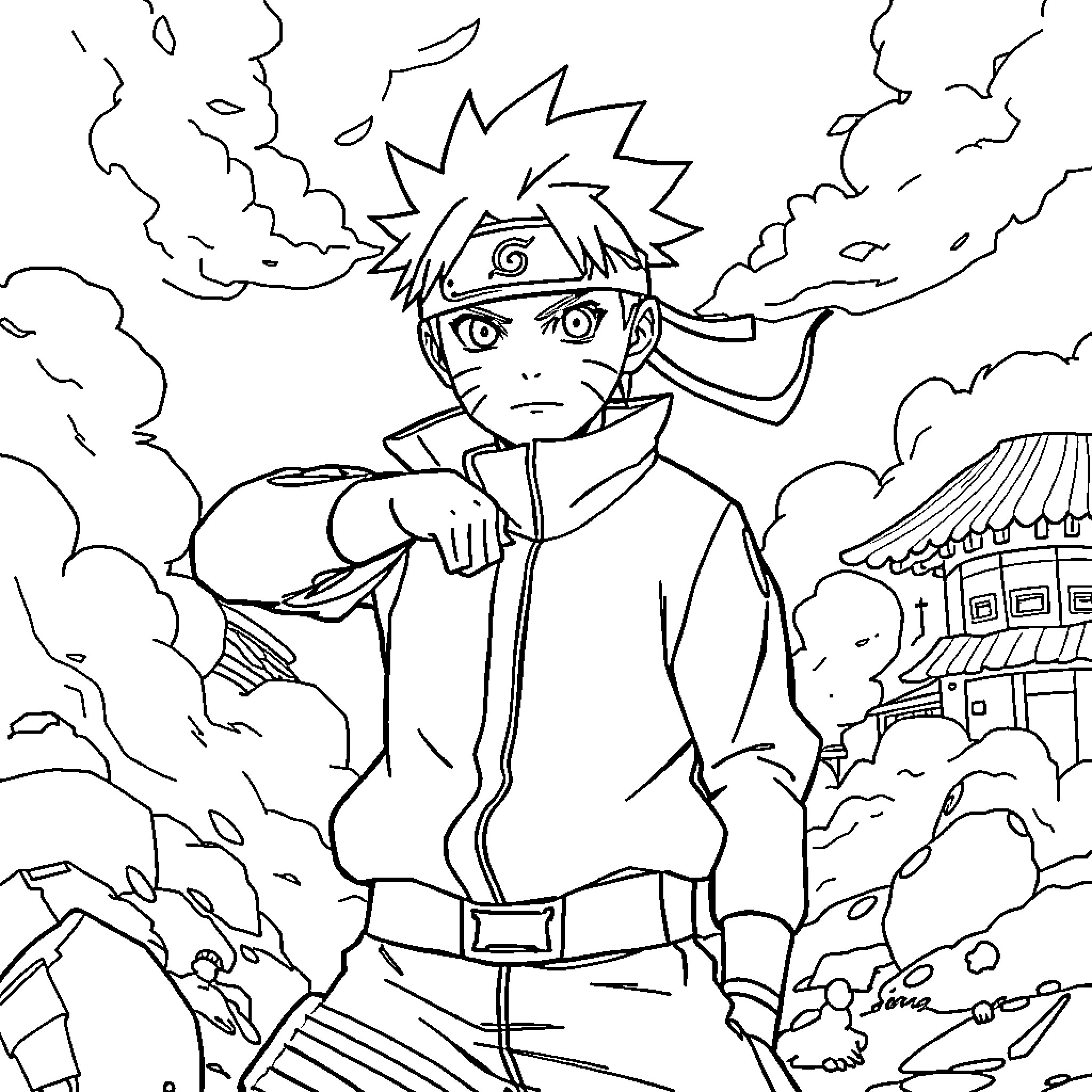 Naruto in intense ninja action pose Coloring Page (free black-and-white line drawing printable PDF for all, from beginners to advanced learners, including children, teens, adults, and seniors)