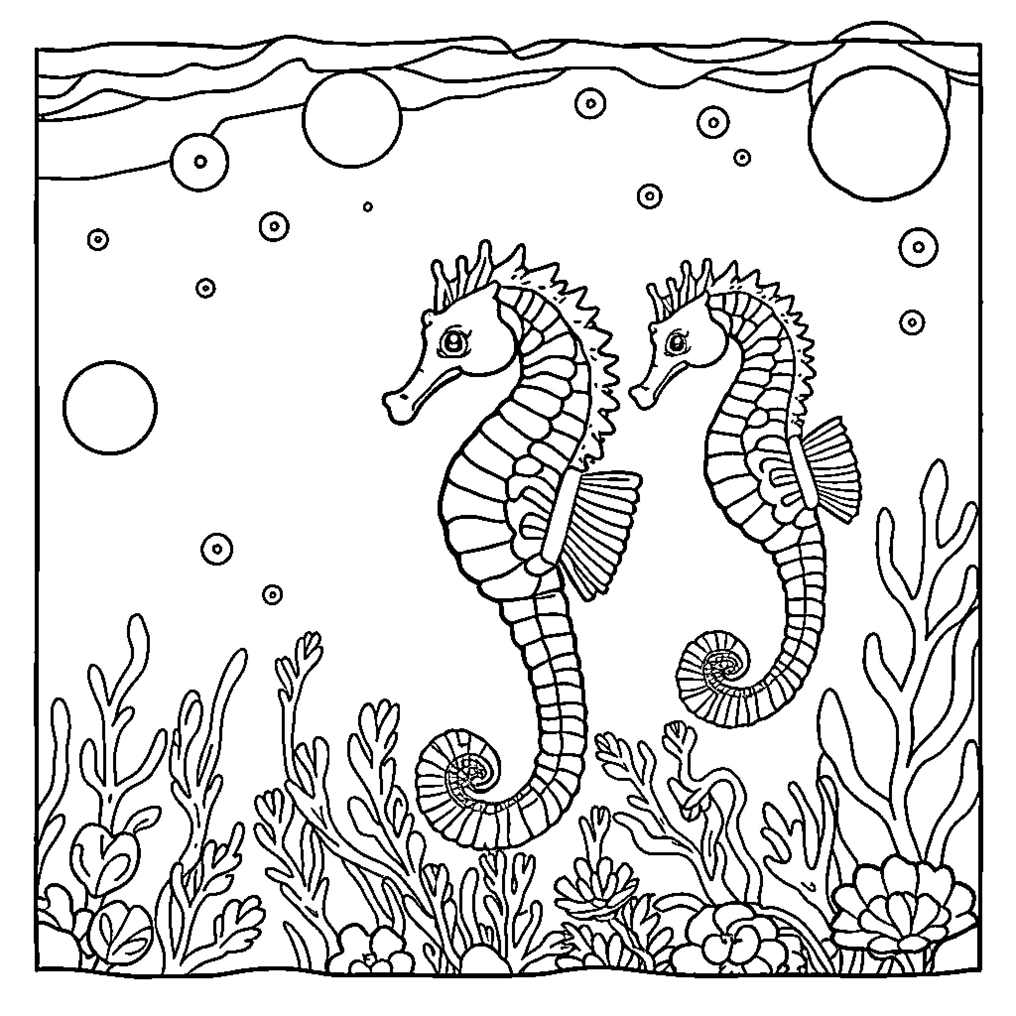 Seahorse dancing in the underwater garden Coloring Page (free black-and-white line drawing printable PDF for all, from beginners to advanced learners, including children, teens, adults, and seniors)
