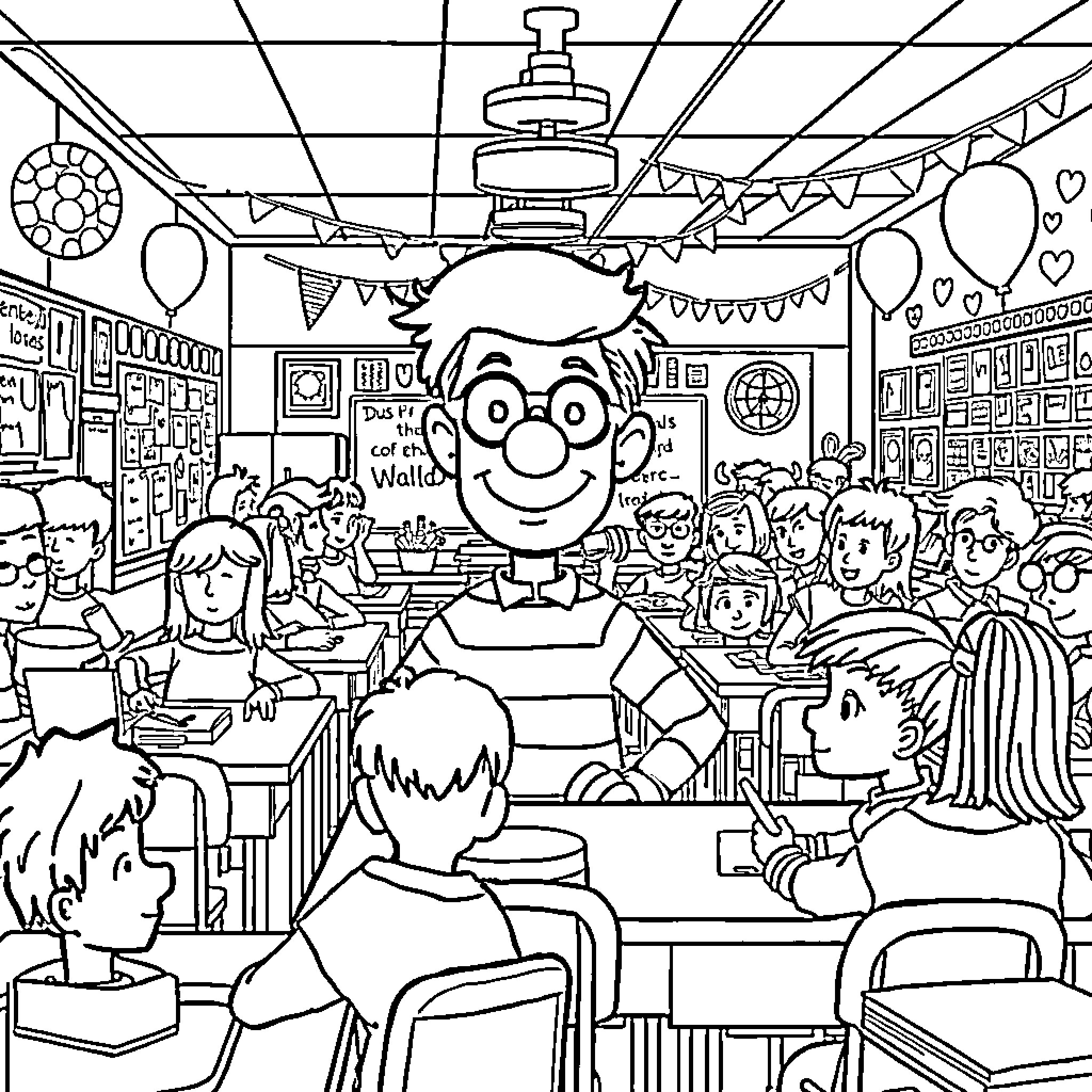 Waldo's Lively Classroom Adventure Coloring Page (free black-and-white line drawing printable PDF for all, from beginners to advanced learners, including children, teens, adults, and seniors)