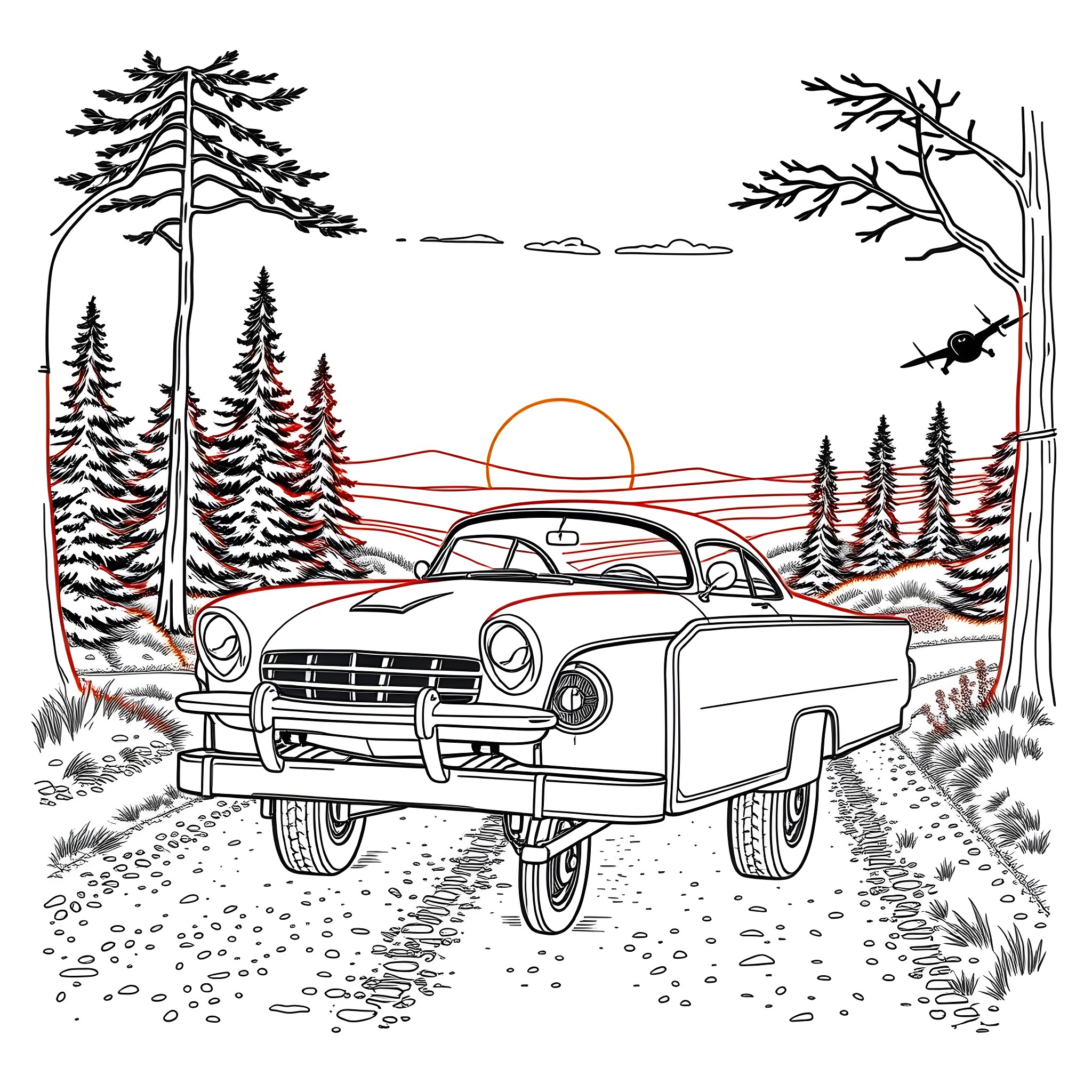 Car cruising through the scenic forest landscape Coloring Page (free black-and-white line drawing printable PDF for all, from beginners to advanced learners, including children, teens, adults, and seniors)