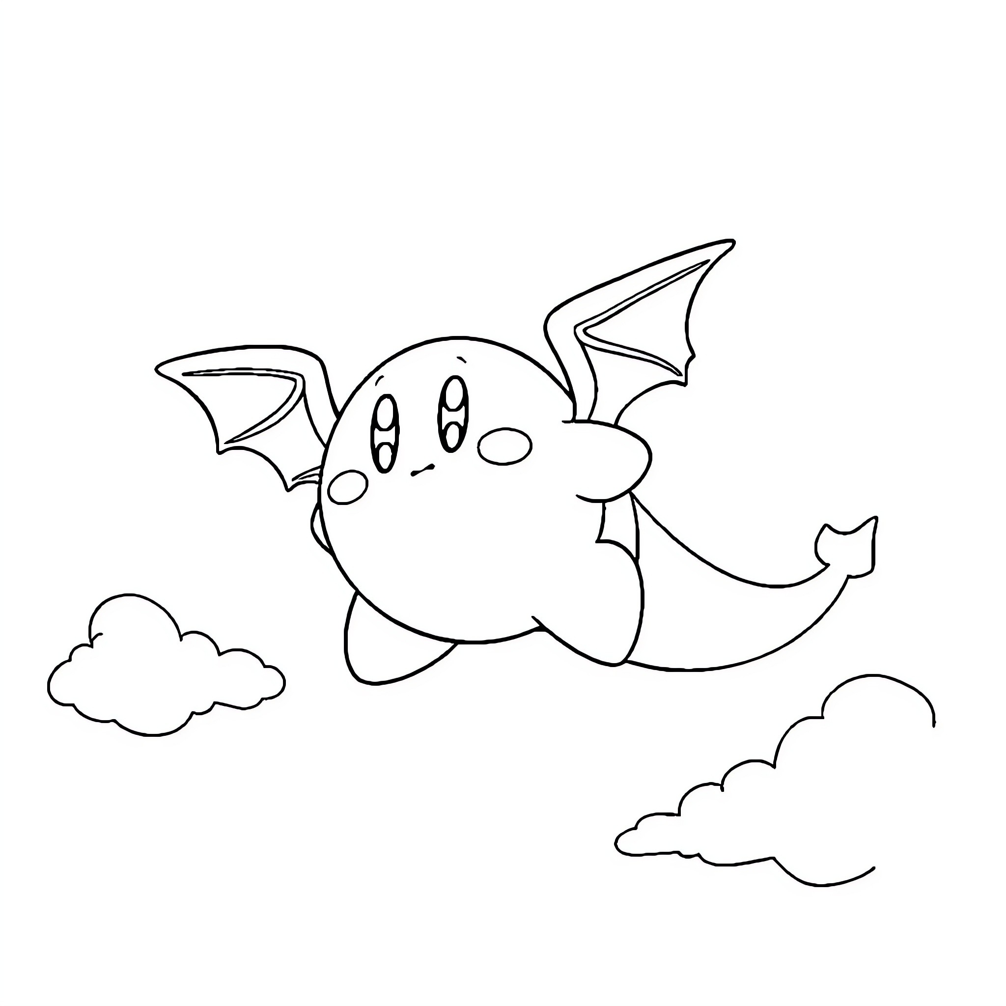 Kirby floating peacefully in the clouds Coloring Page (free black-and-white line drawing printable PDF for all, from beginners to advanced learners, including children, teens, adults, and seniors)