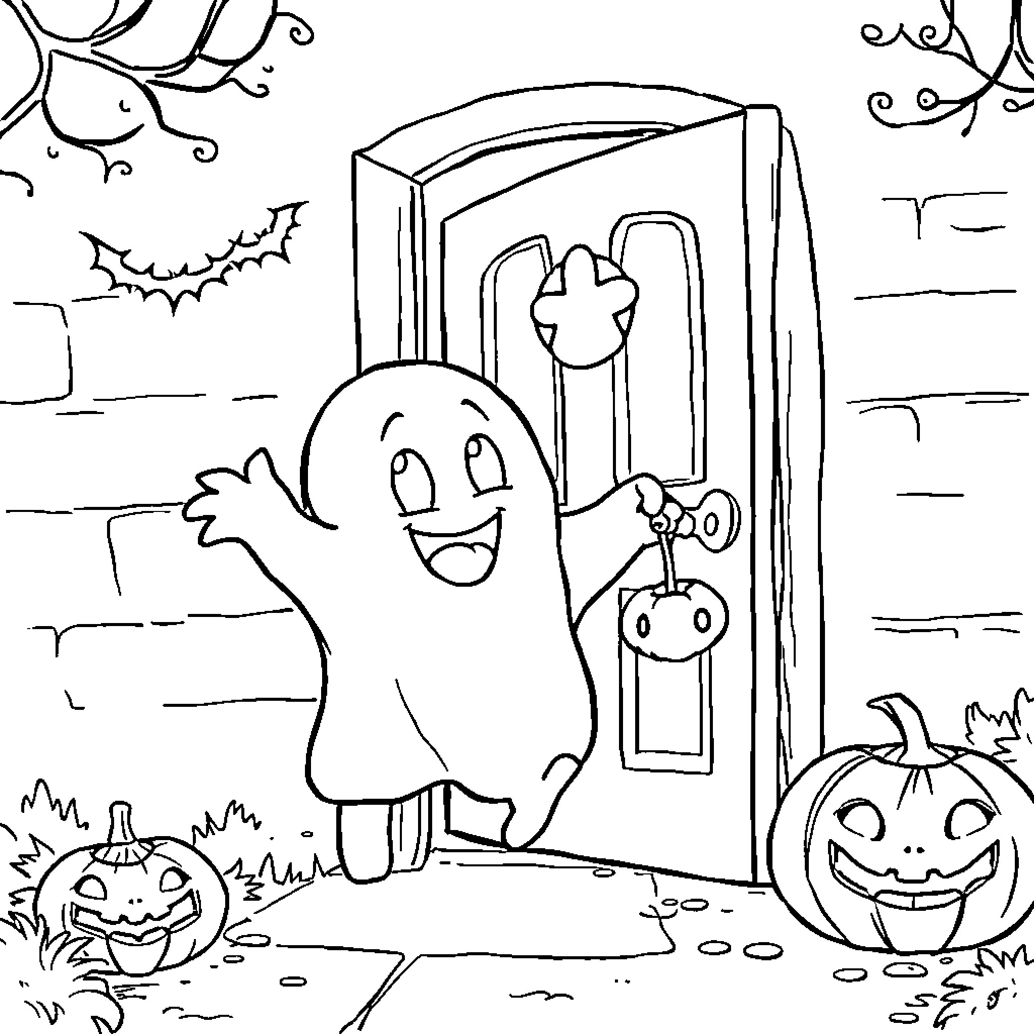 Ghost waves happily at jack-o'-lanterns near haunted house Coloring Page (free black-and-white line drawing printable PDF for all, from beginners to advanced learners, including children, teens, adults, and seniors)