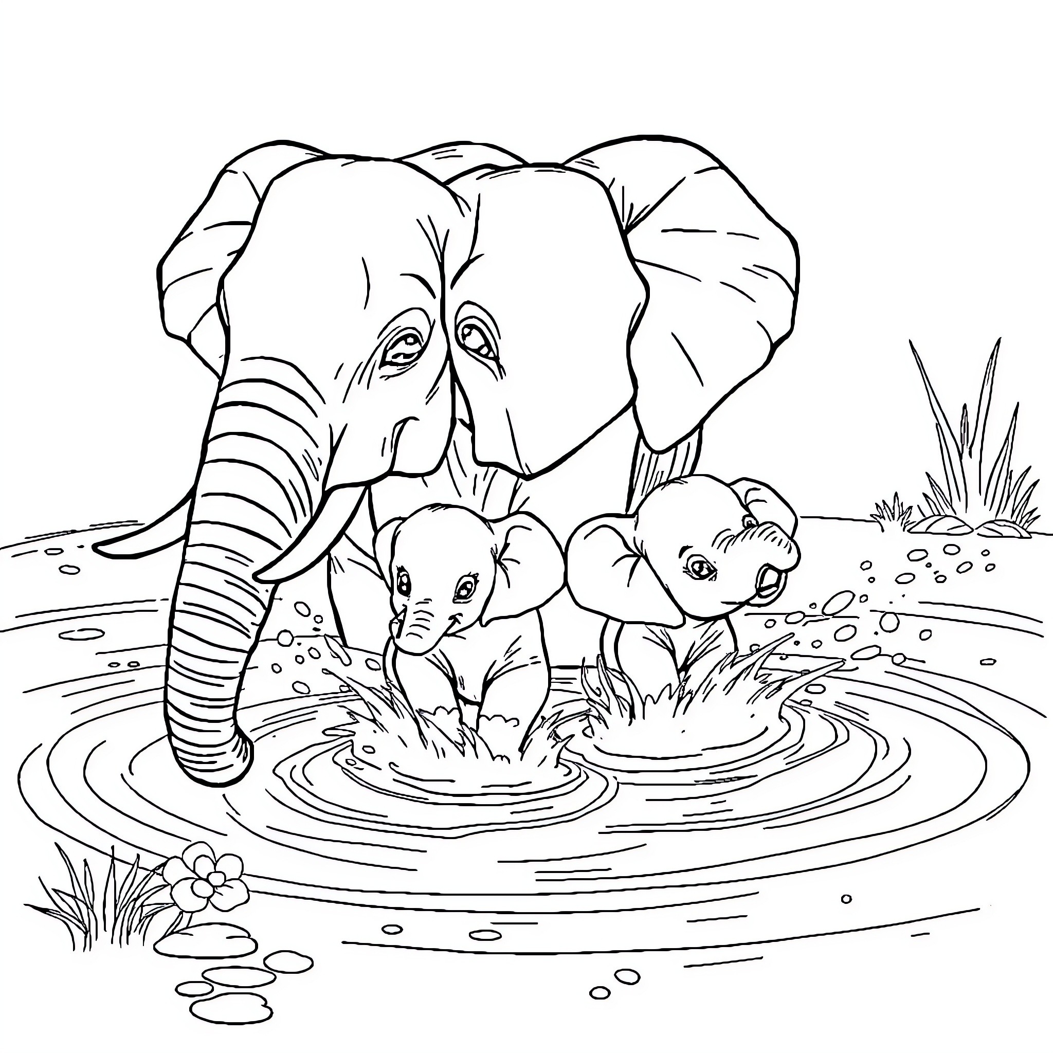 Elephant family playing in water Coloring Page (free black-and-white line drawing printable PDF for all, from beginners to advanced learners, including children, teens, adults, and seniors)