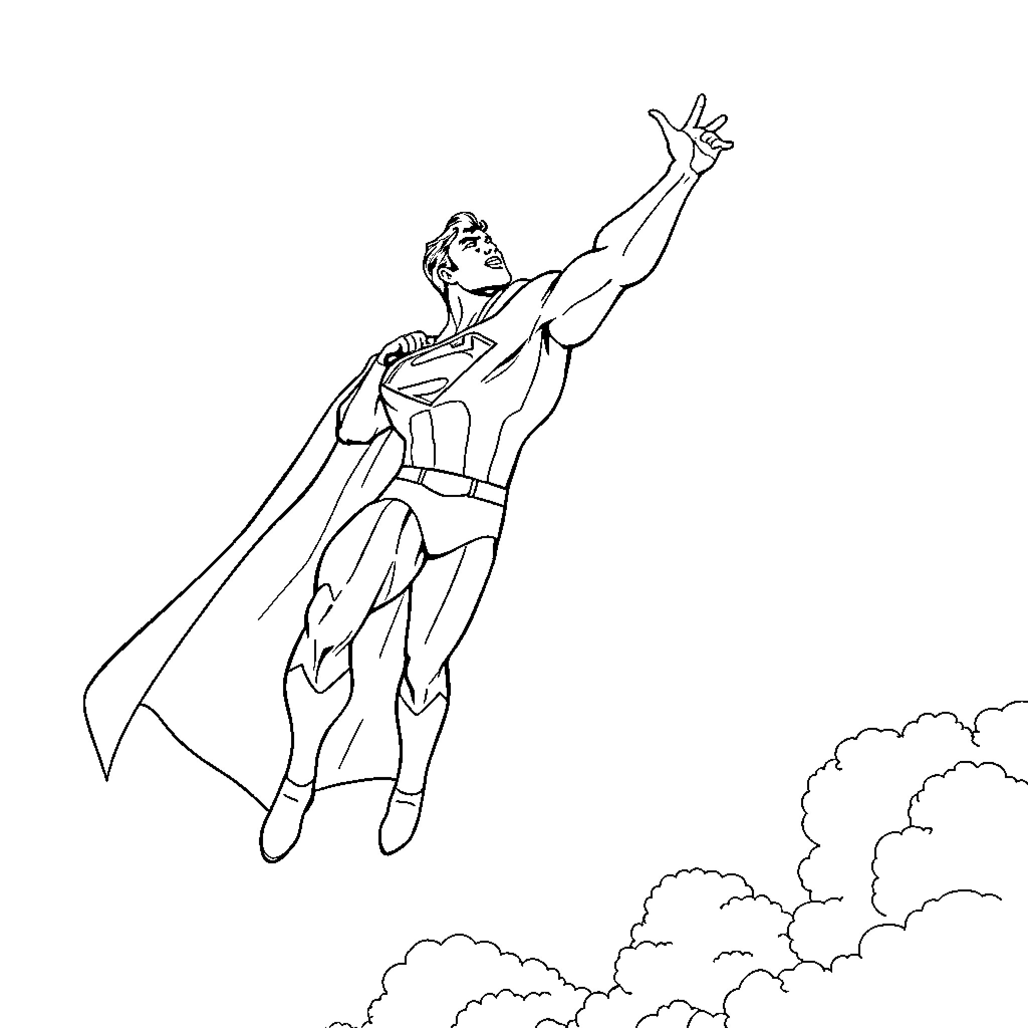Superman soaring through the clouds Coloring Page (free black-and-white line drawing printable PDF for all, from beginners to advanced learners, including children, teens, adults, and seniors)